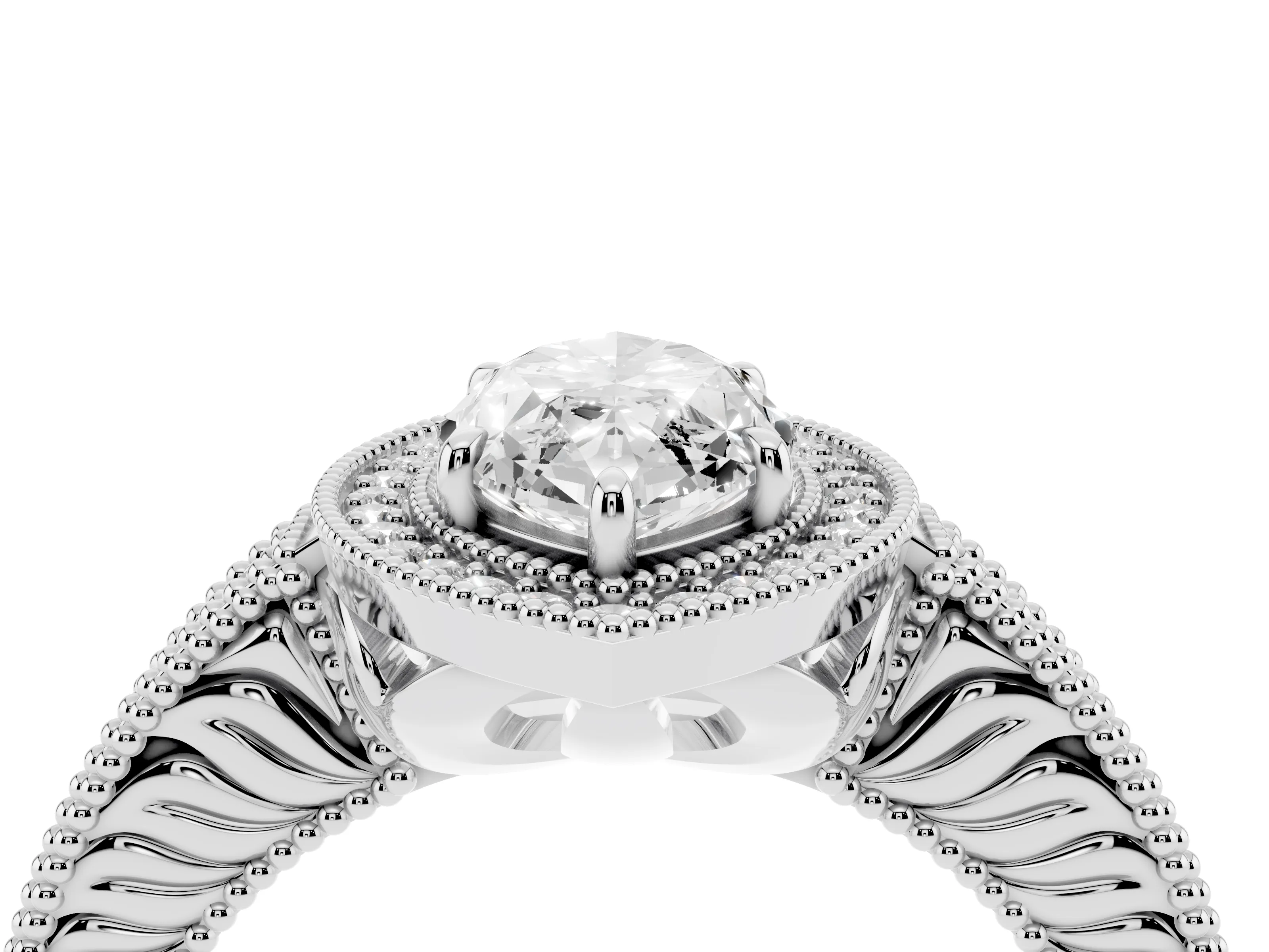 Marquise Cut Diamond Halo Ring Set in White gold with Round Accent Halo, Pavé Band and Prong Setting