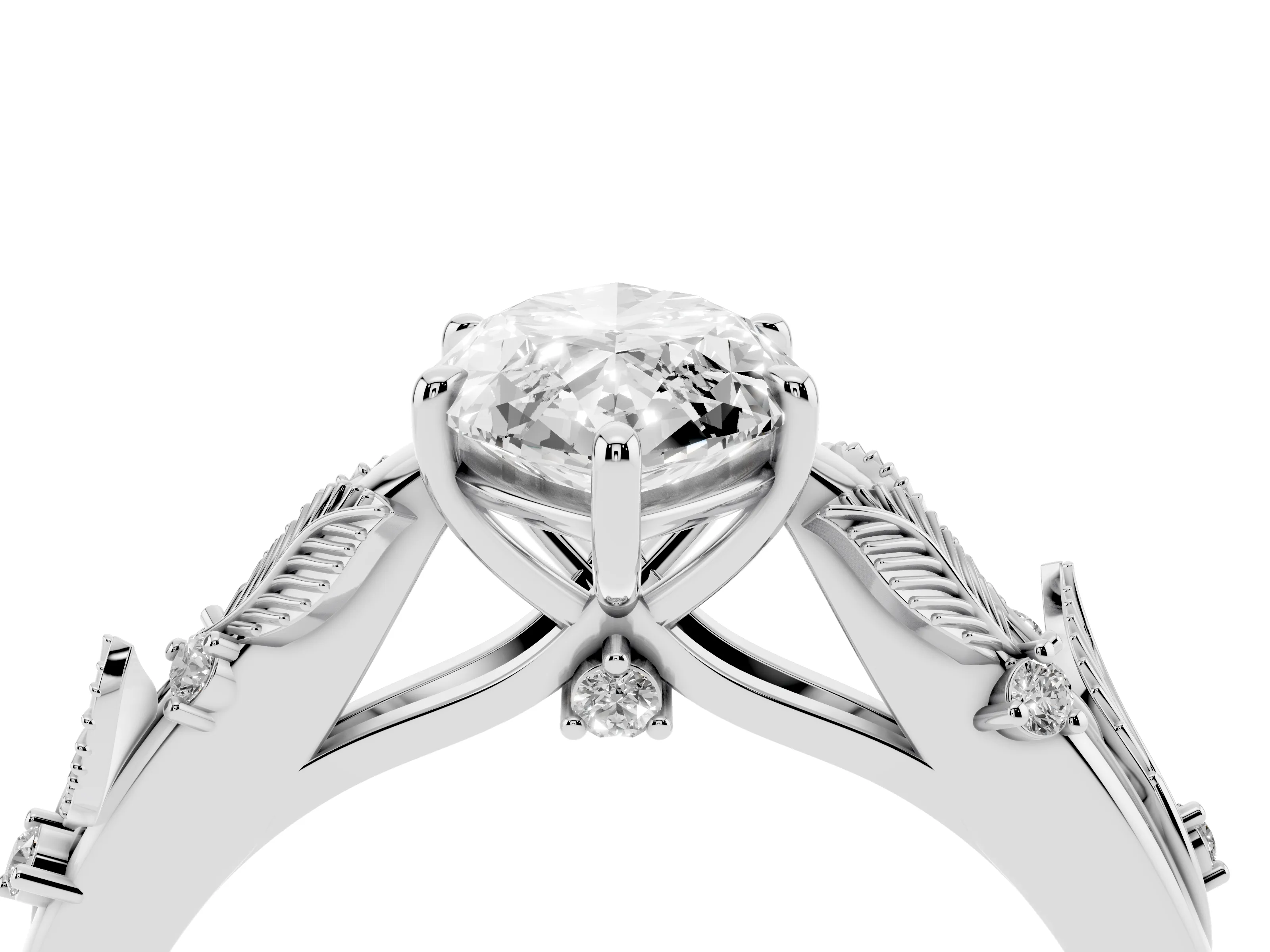 Marquise Cut Diamond Solitaire Ring Set in Silver with Leaf Motif Band