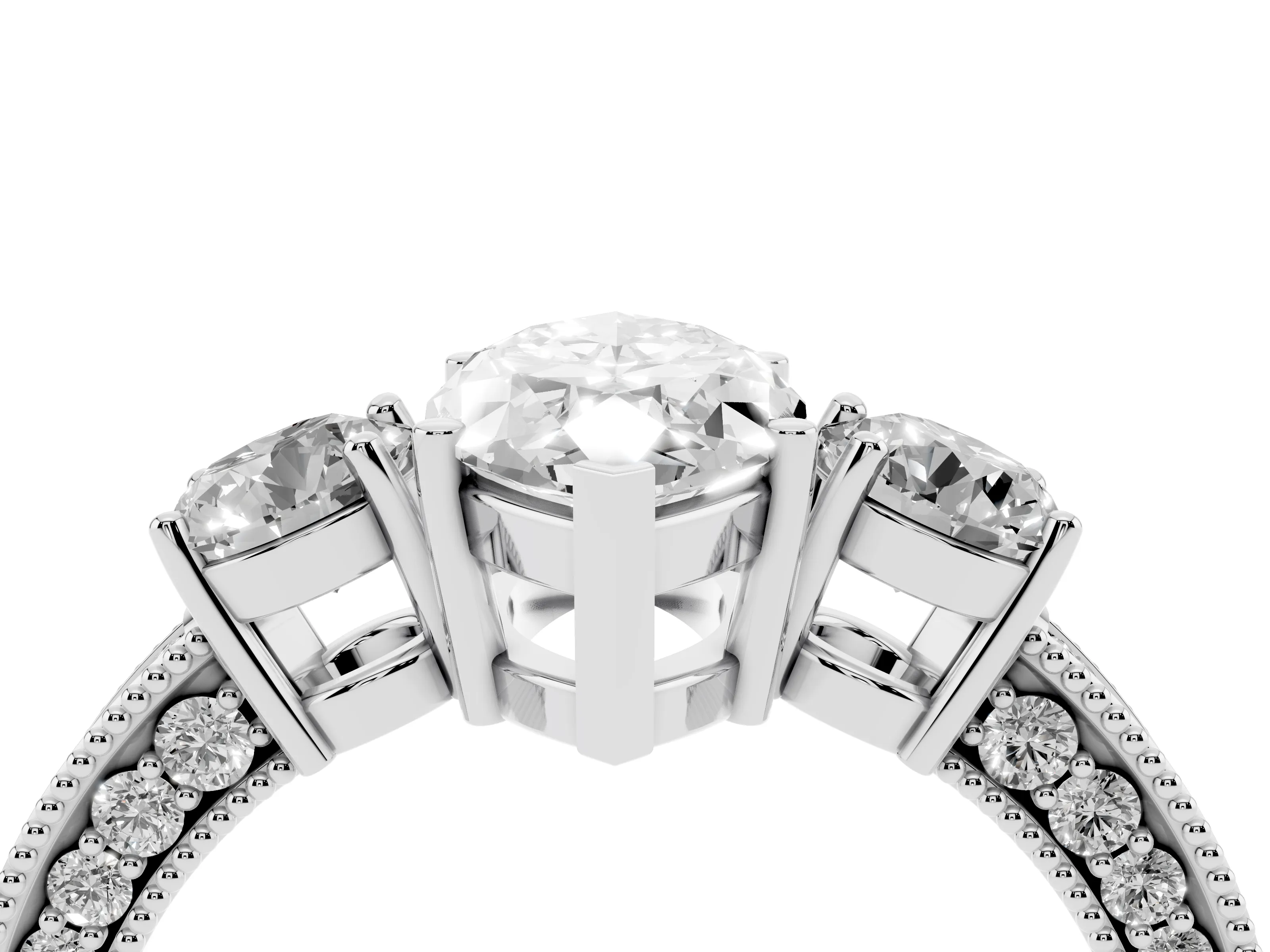 Marquise Cut Diamond Three-Stone Ring Set in Platinum with Round Side Stones and Pavé Band