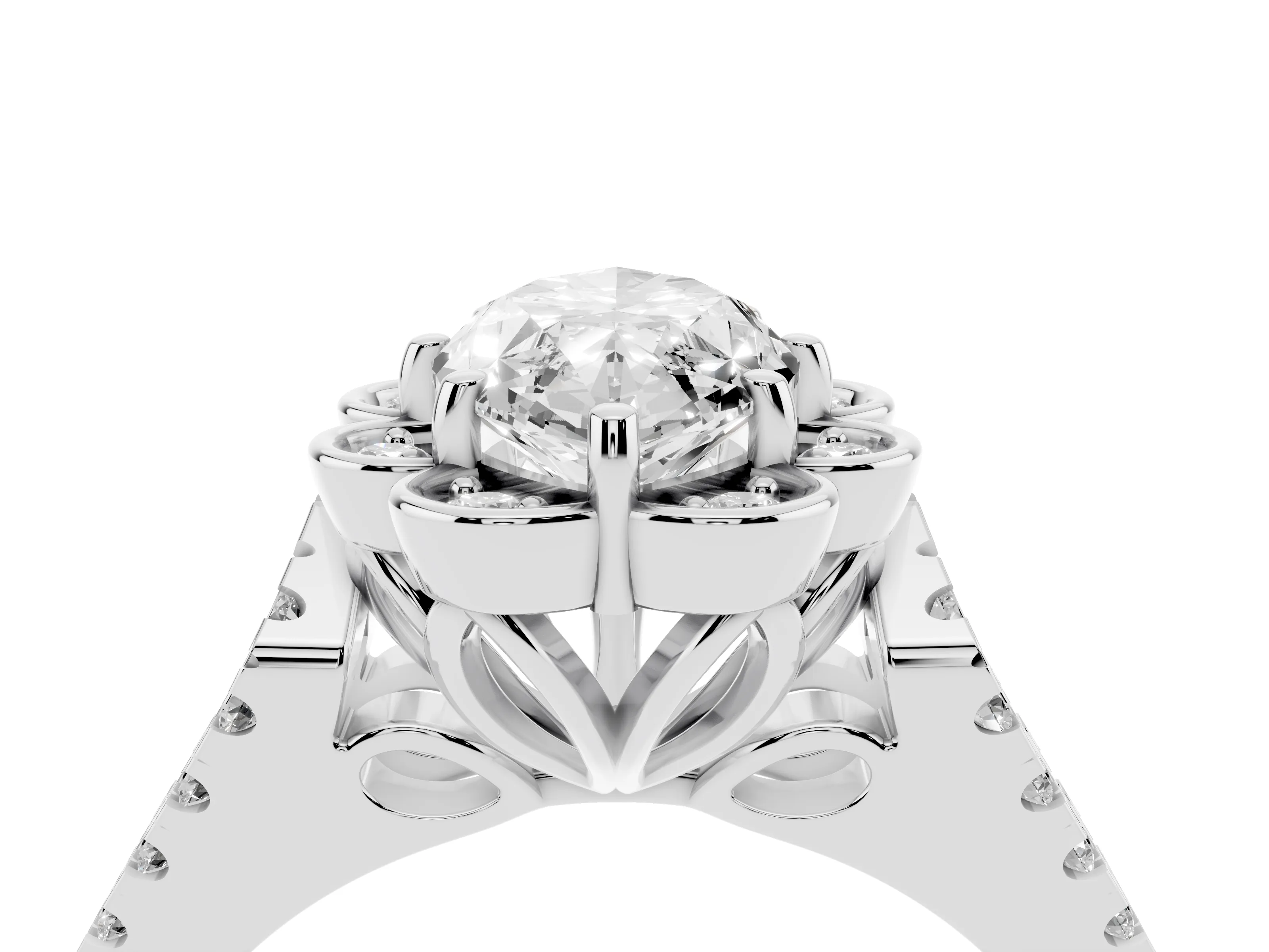 Marquise Cut Diamond Floral Halo Split Shank Engagement Ring Set in White gold with Pavé Shank