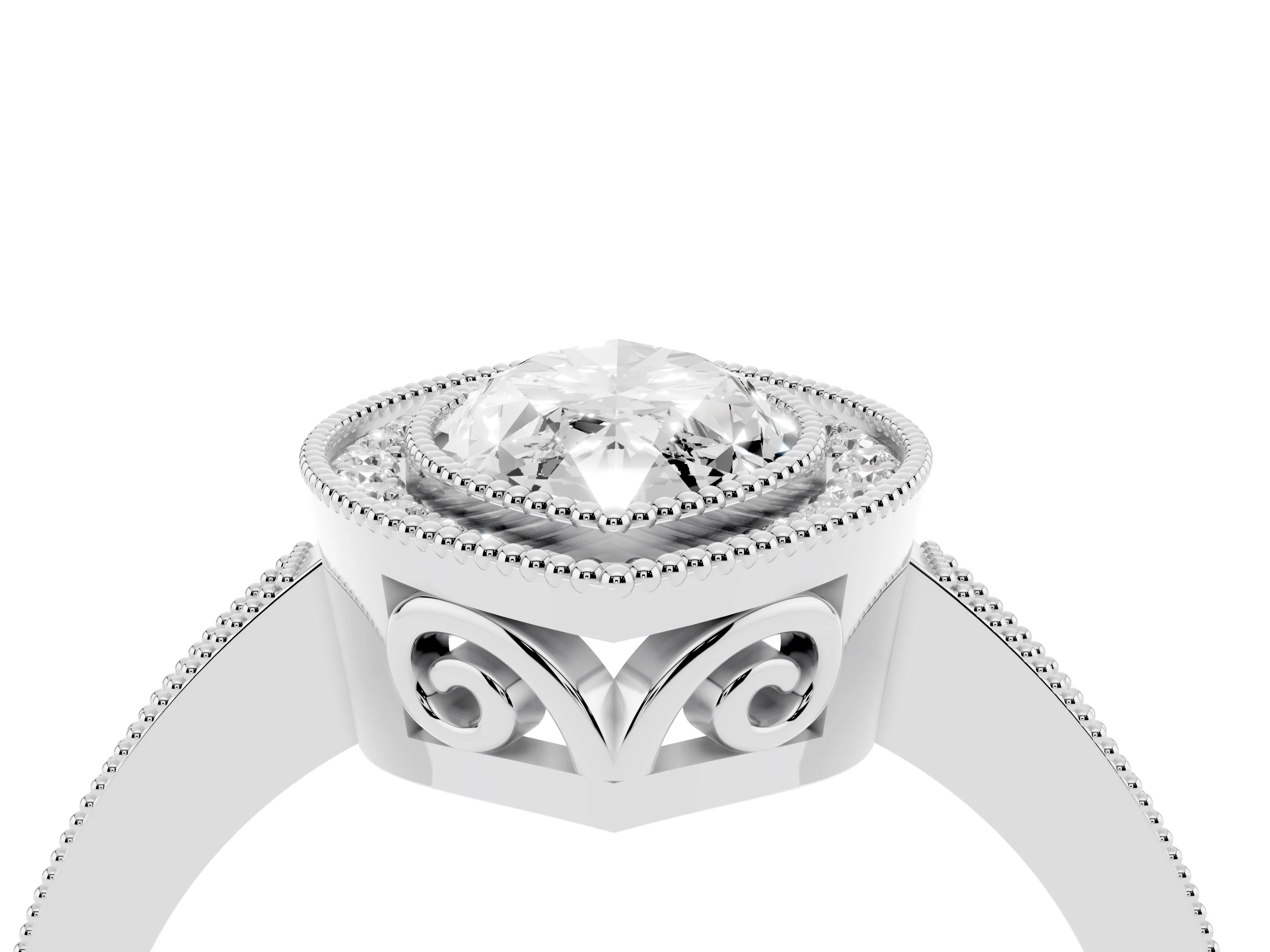 Marquise Cut Diamond Halo Ring Set in White gold with Pavé Band and Milgrain-Edged Prongs