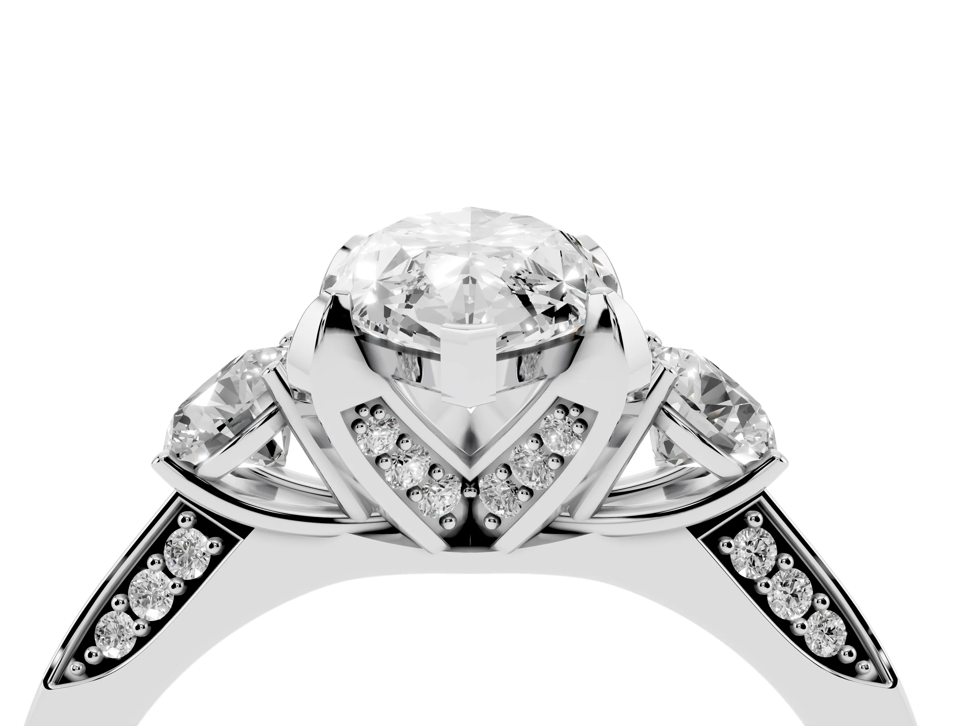 Marquise Cut Diamond Three-Stone Ring Set in Silver with Pavé Band and Smaller Side Stones