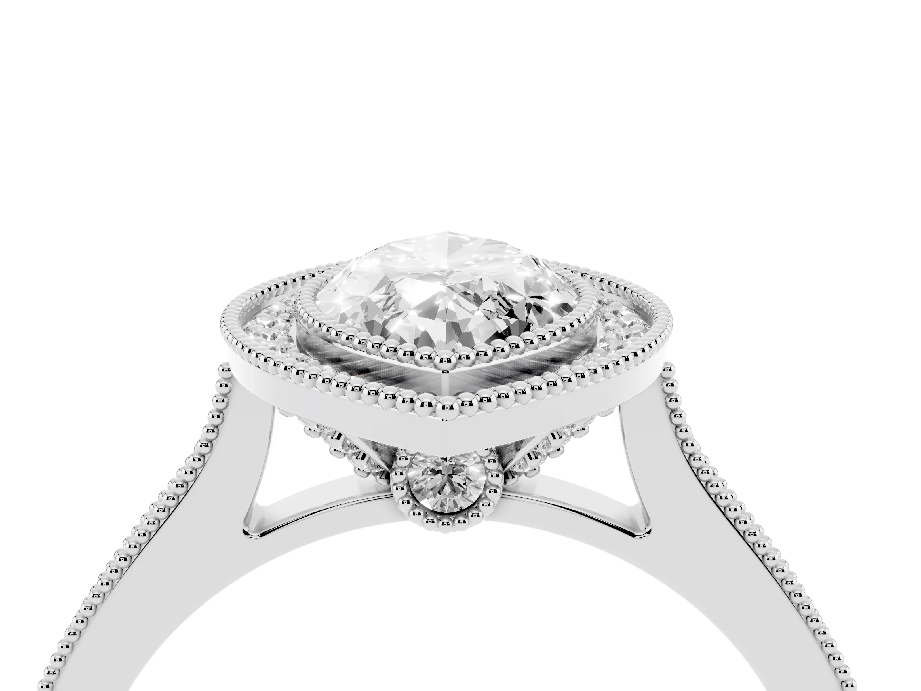 Marquise Cut Diamond Halo Milgrain Pavé Band Ring Set in Platinum with Prong Setting