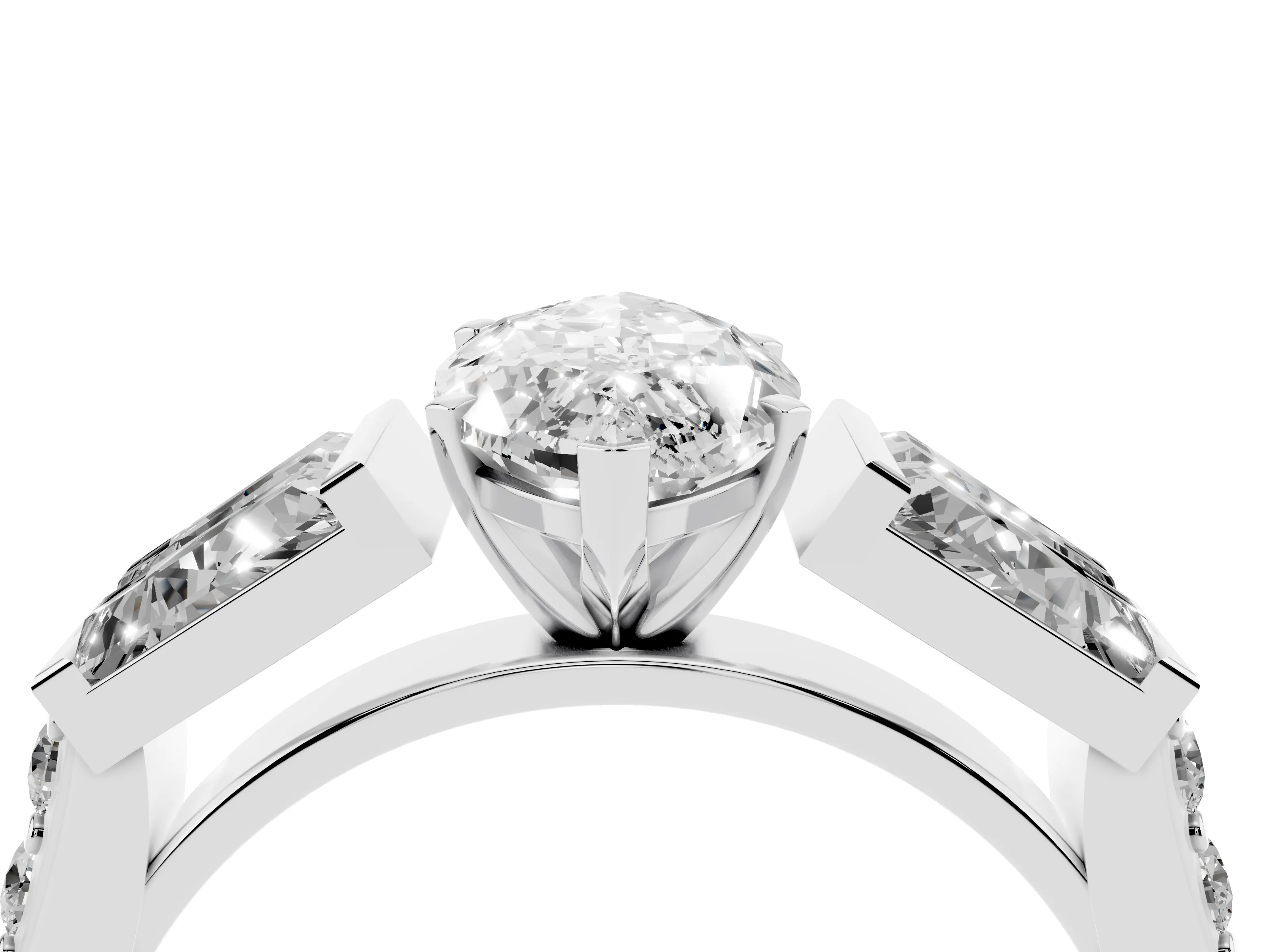 Marquise Cut Diamond Engagement Ring Set in White gold with Baguette Side Stones and Channel Set Band