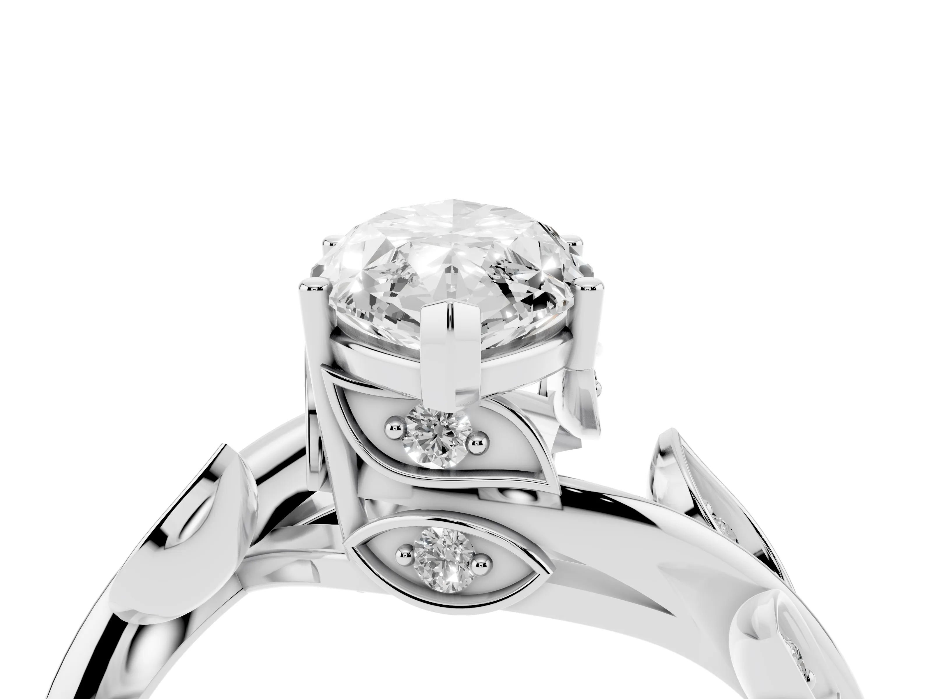 Marquise Cut Diamond Solitaire Twist Engagement Ring Set in Silver with Pavé Leaf Accents