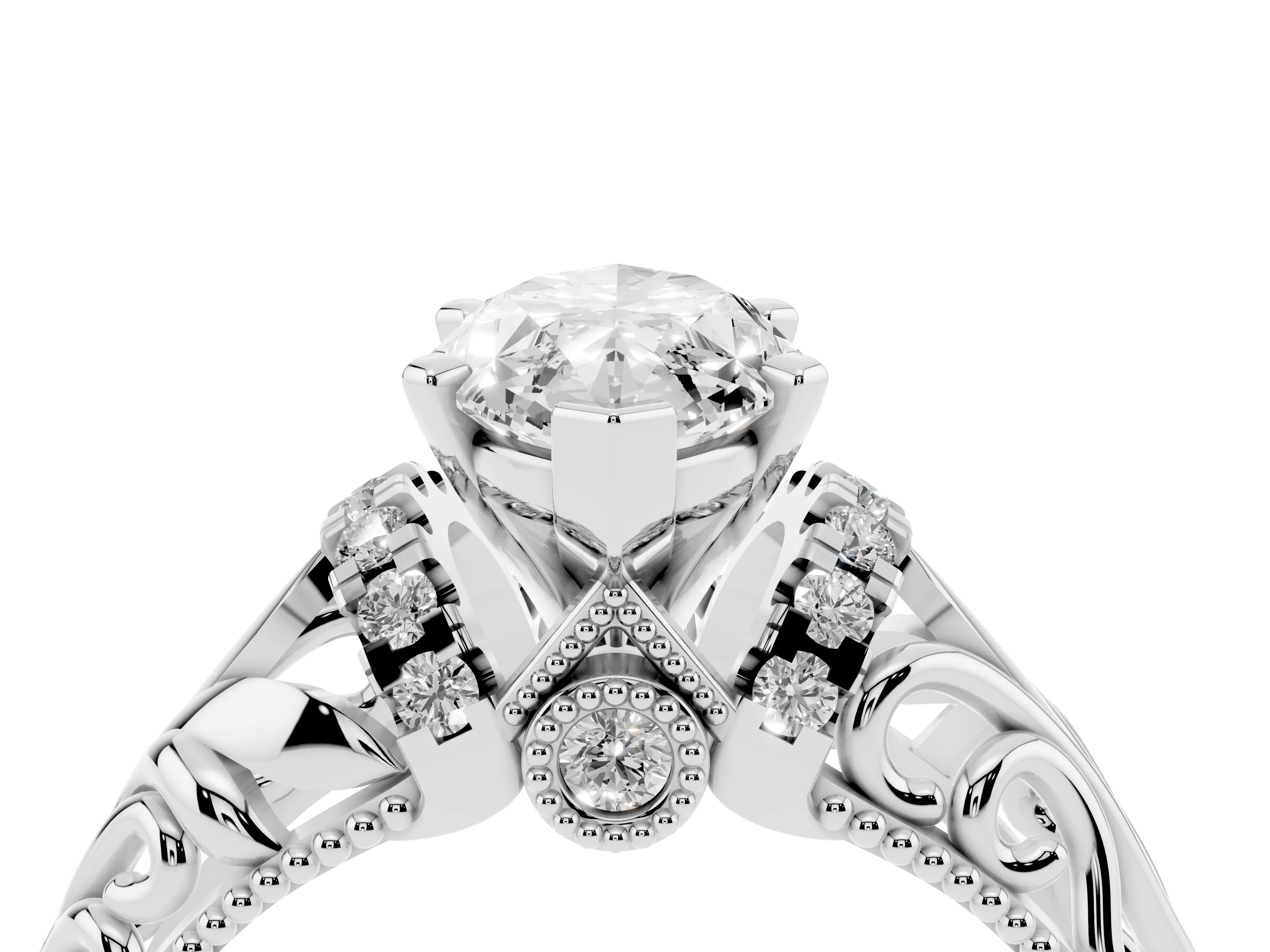Marquise Cut Diamond Filigree Halo Engagement Ring Set in White gold with Prong Setting