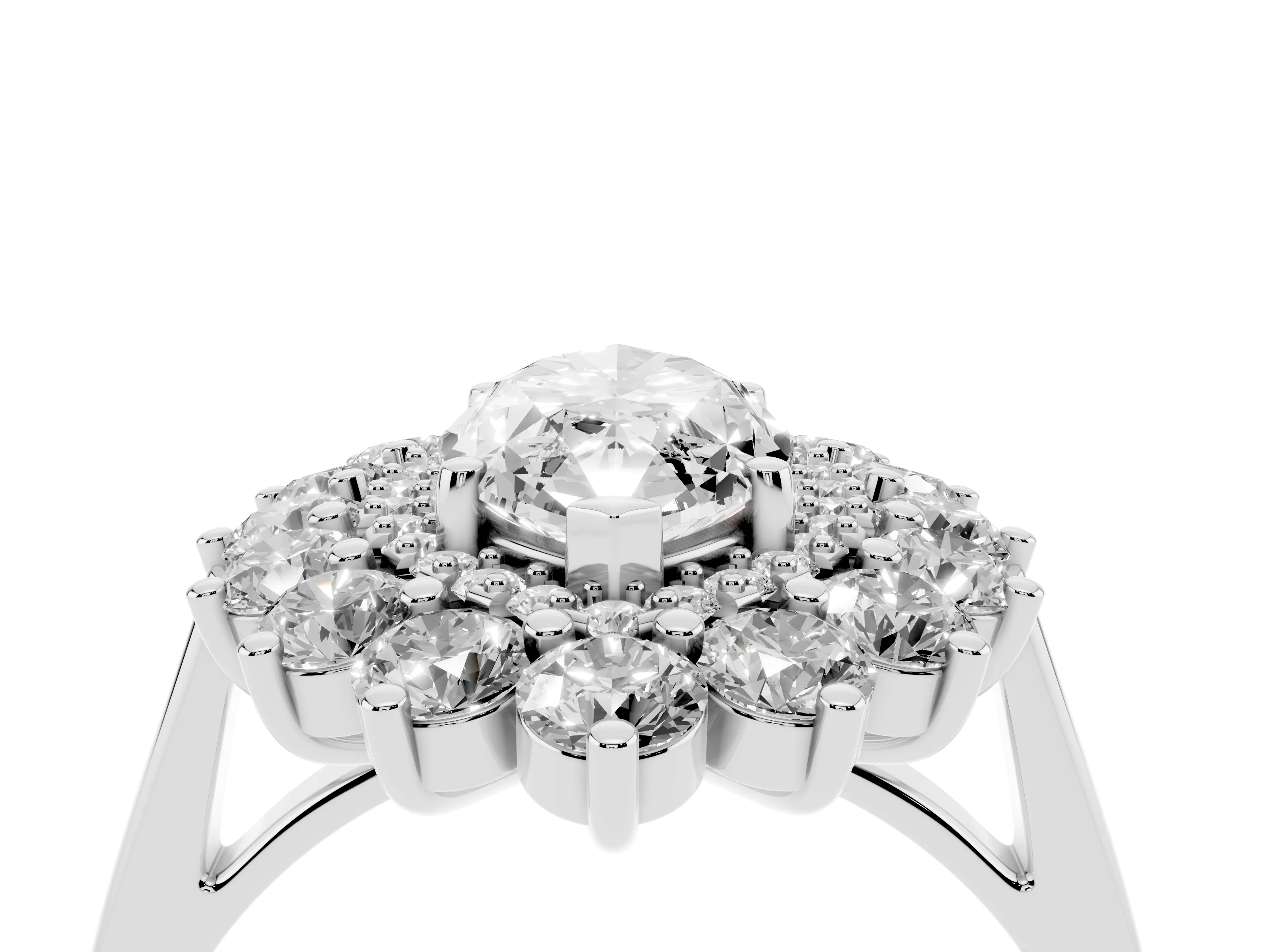 Marquise Cut Diamond Floral Double Halo Ring Set in Platinum with Round Petals