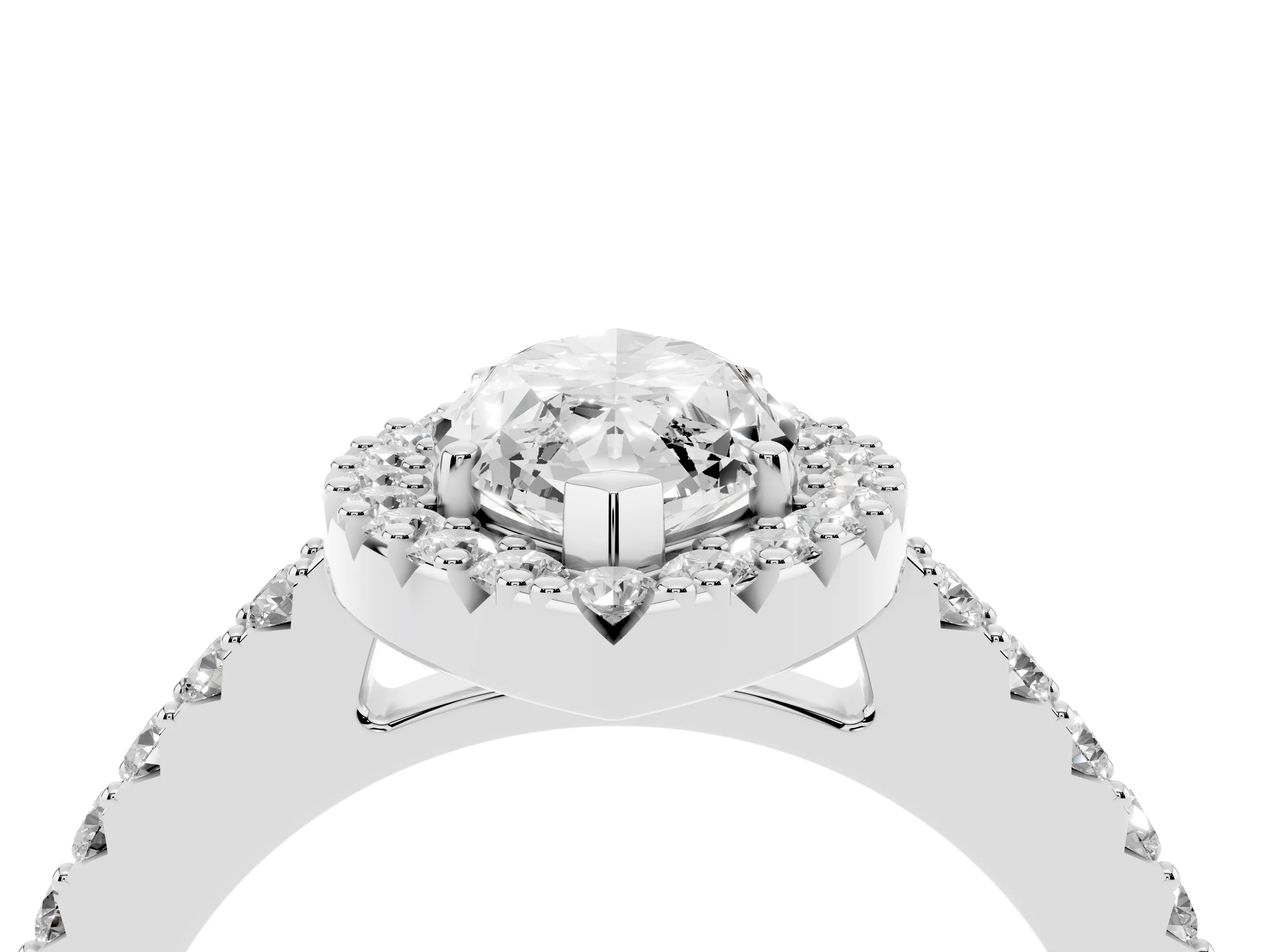 Marquise Cut Diamond Halo Pavé Solitaire Ring Set in White gold with Prong-Set Center Stone