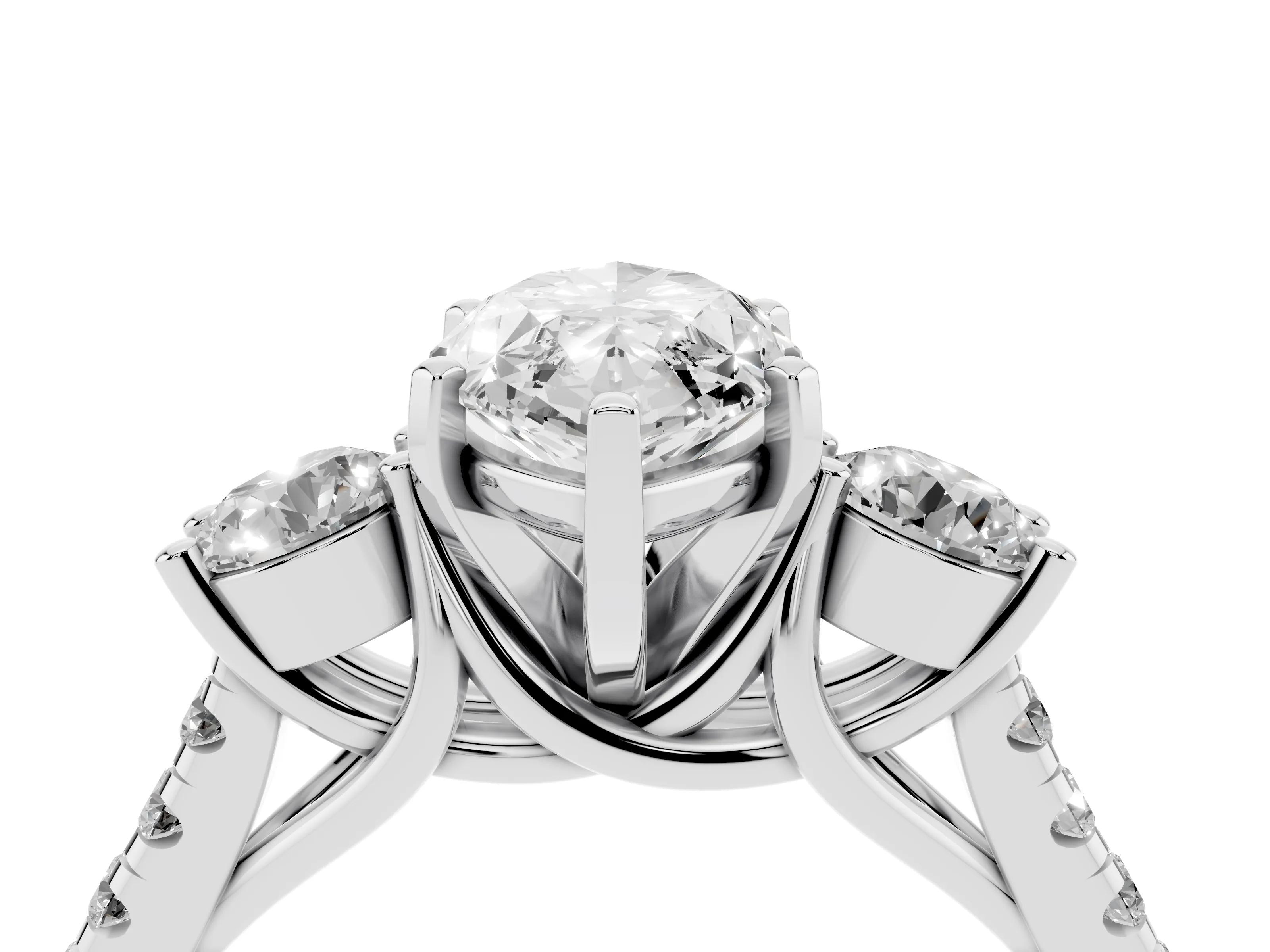 Three-Stone Marquise Cut Diamond Pavé Band Ring Set in White gold with Prong-Set Trio