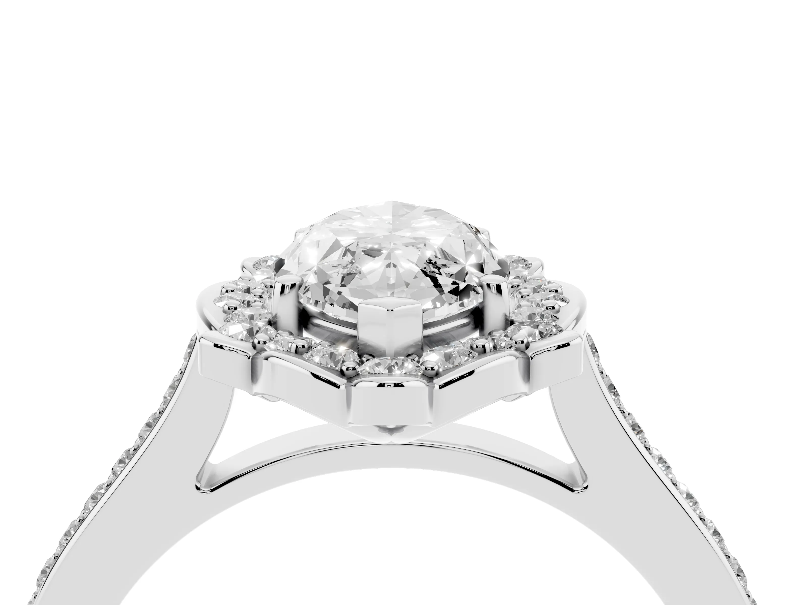 Marquise Cut Diamond Halo Ring Set in White gold with Pavé-Lined Shoulders and Prong Setting