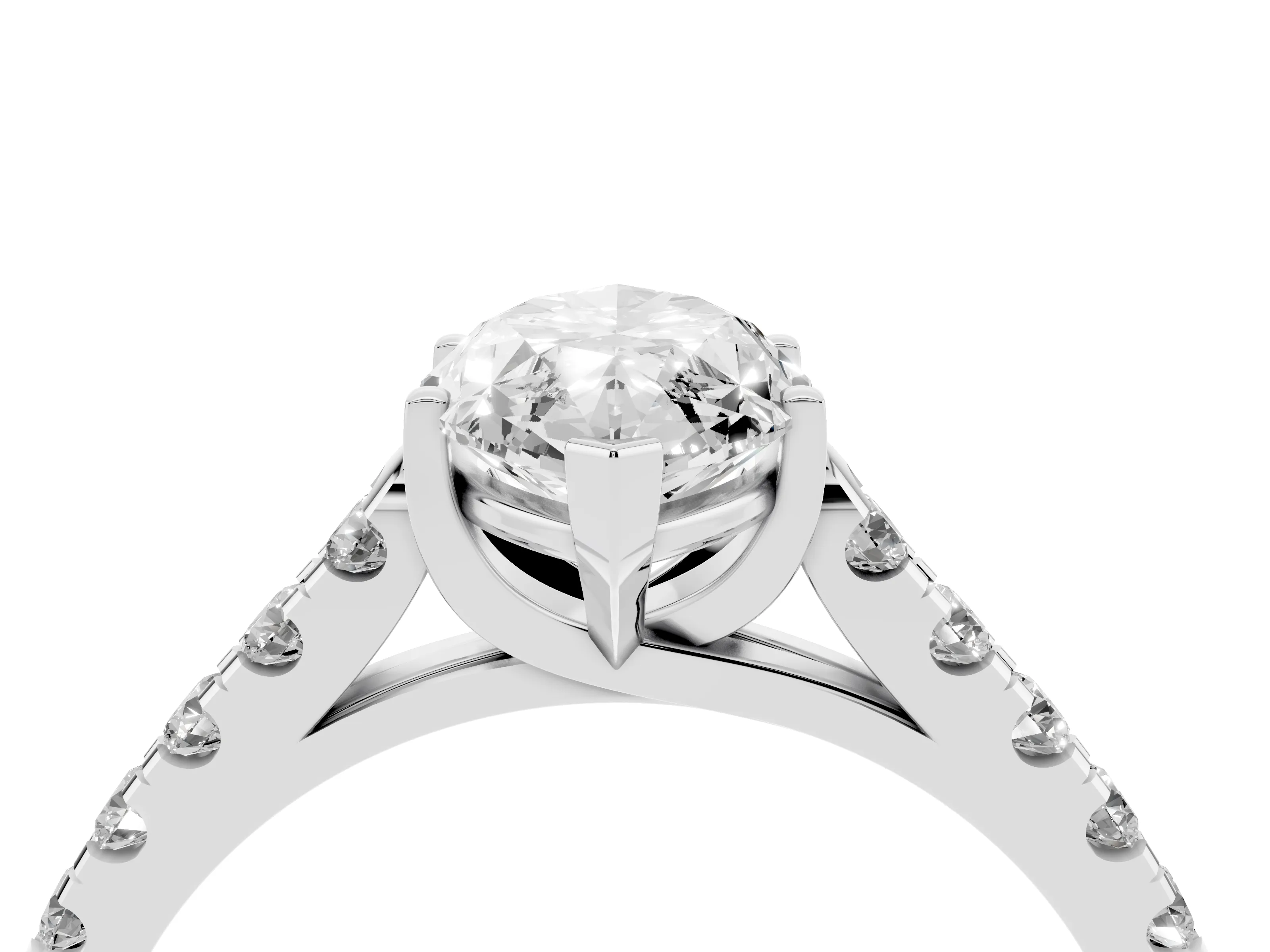 Marquise Cut Diamond Pavé Band Solitaire Ring Set in White gold with Partway Accent Stones and Prong Setting