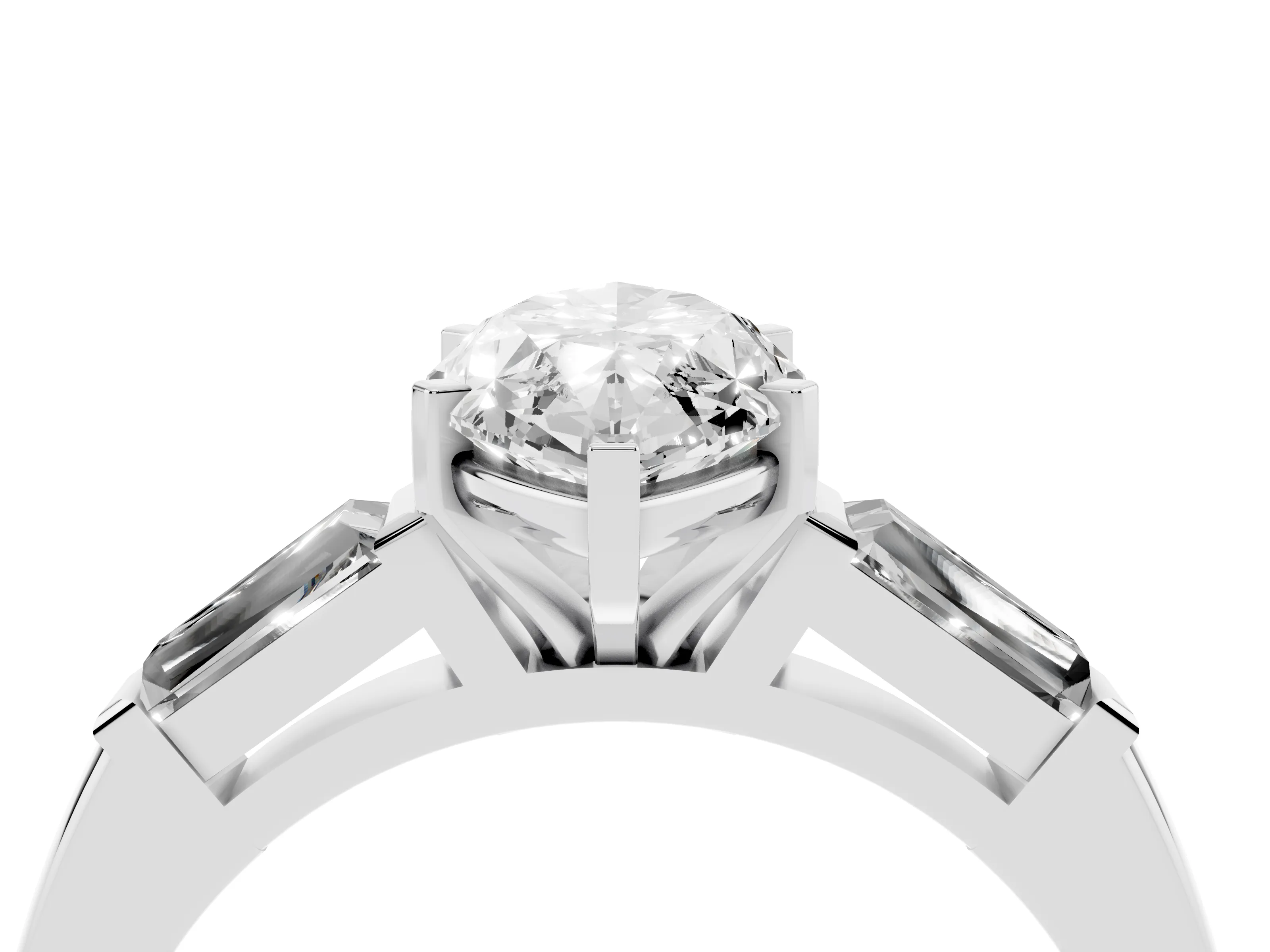 Marquise Cut Diamond Solitaire Ring Set in White gold with Tapered Baguette Side Stones and Prong Setting