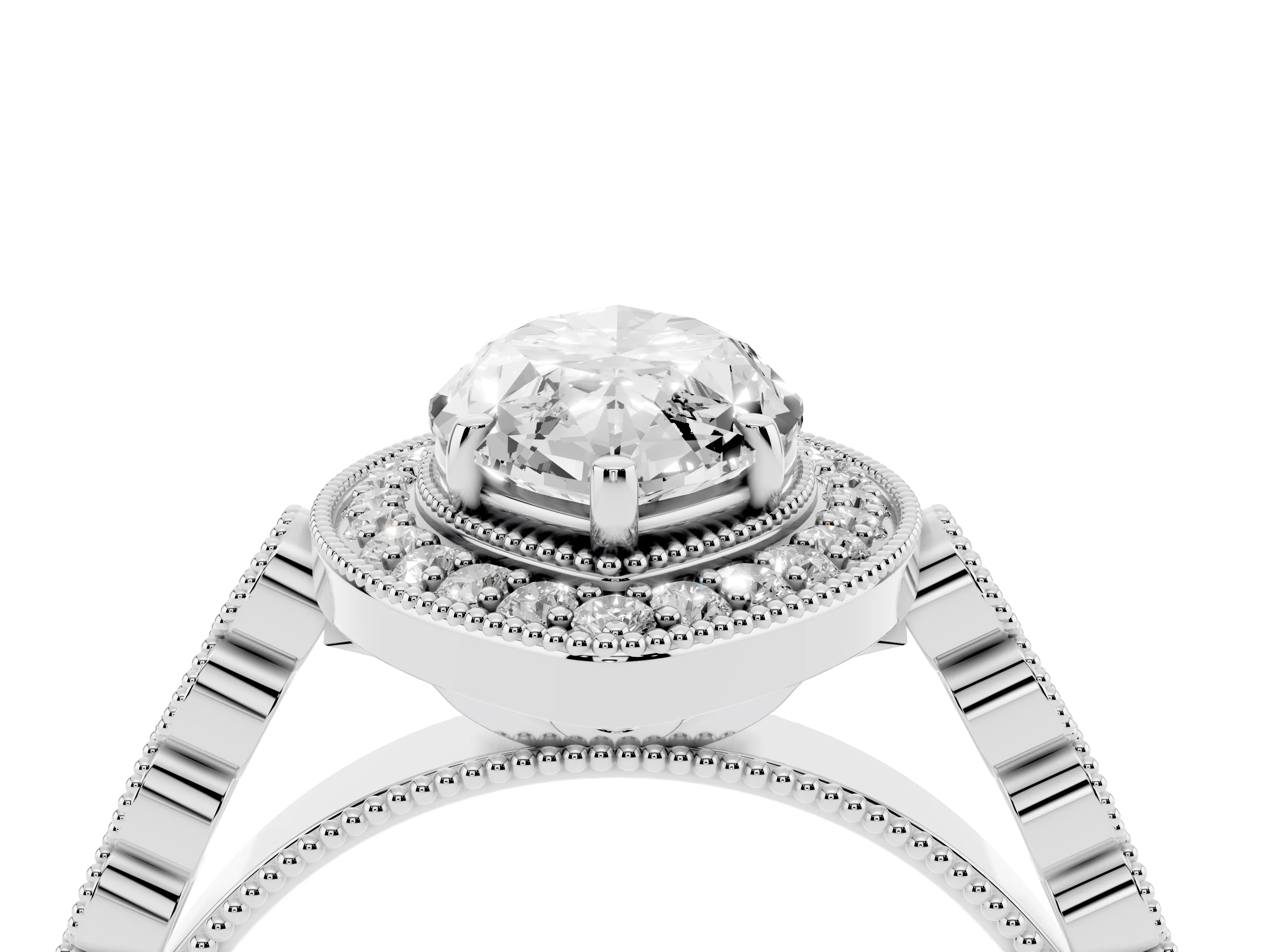 Marquise Cut Diamond Milgrain Halo Solitaire Ring Set in Silver with Bezel Set Side Stones and Pavé Band