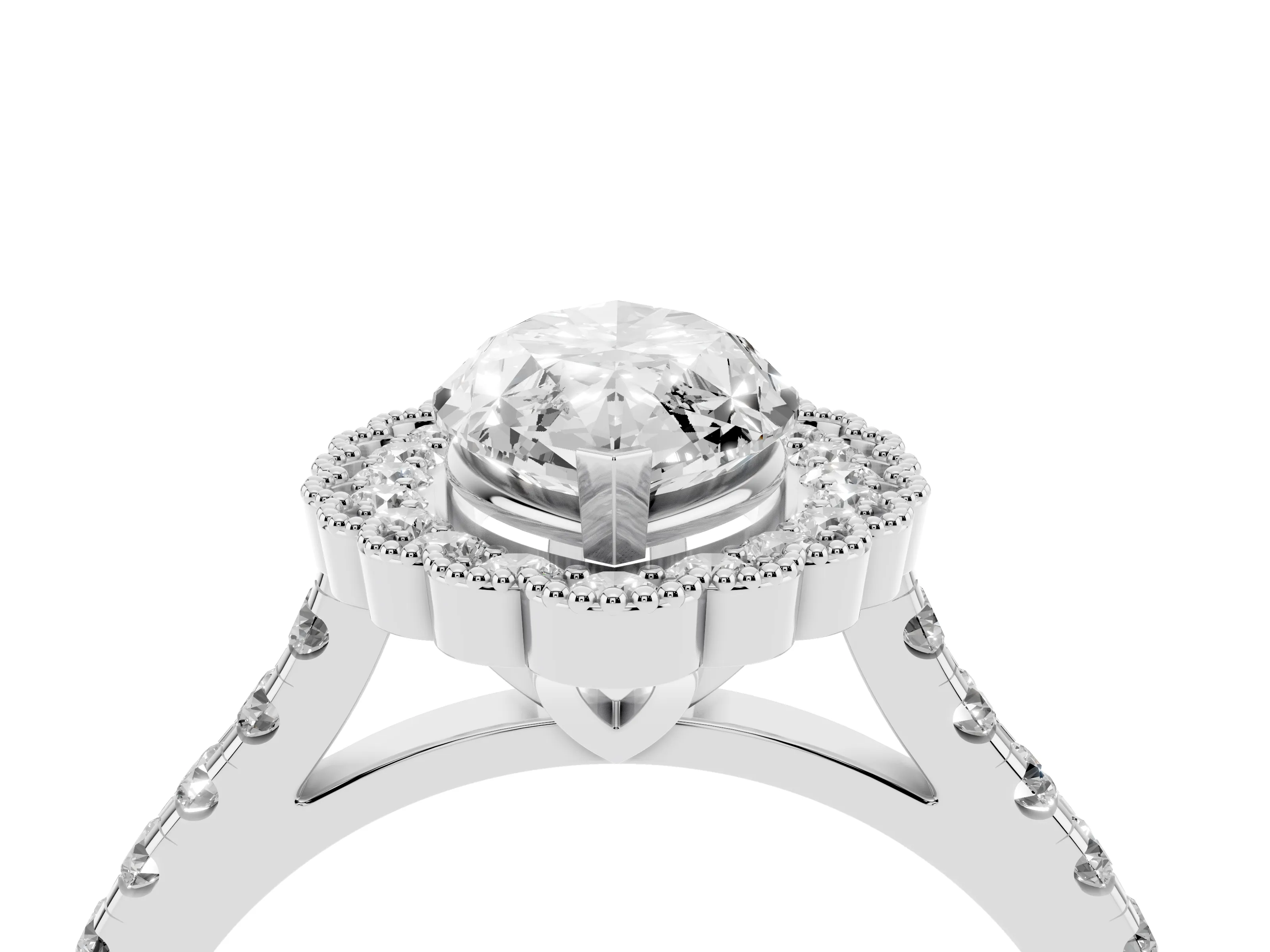 Marquise Cut Diamond Milgrain Floral Halo Engagement Ring Set in Silver with Pavé Band
