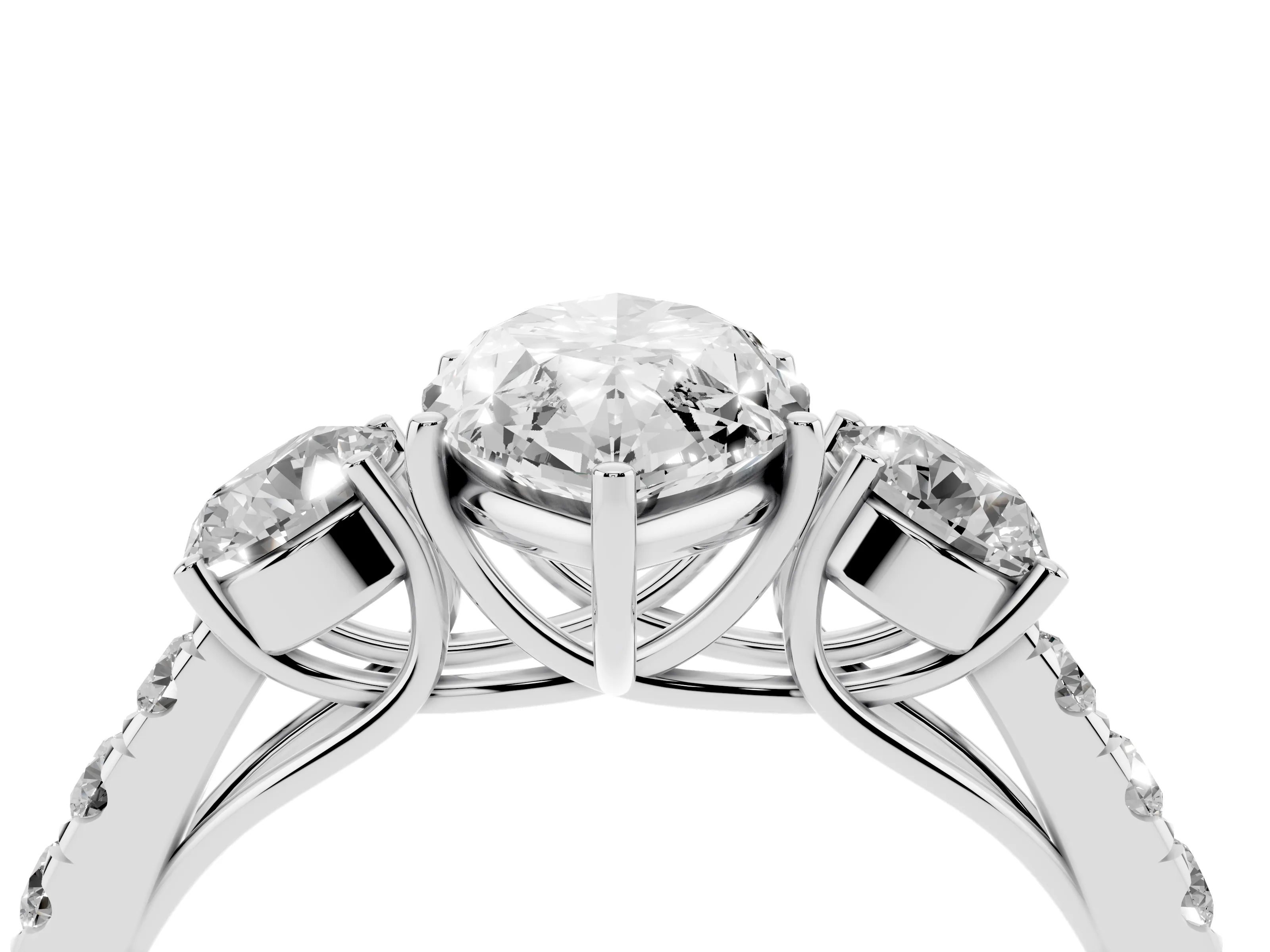 Marquise Cut Diamond Three-Stone Ring Set in Platinum with Round Side Stones and Delicate Pavé Band