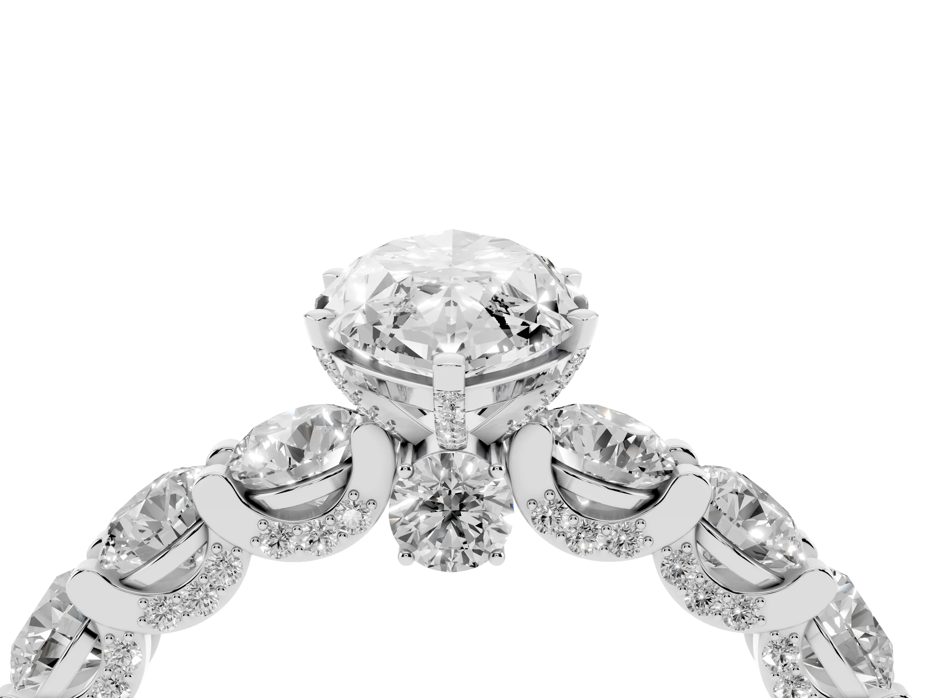 Marquise Cut Diamond Side Stone Ring Set in Silver with Alternating Round and Oval Side Stones