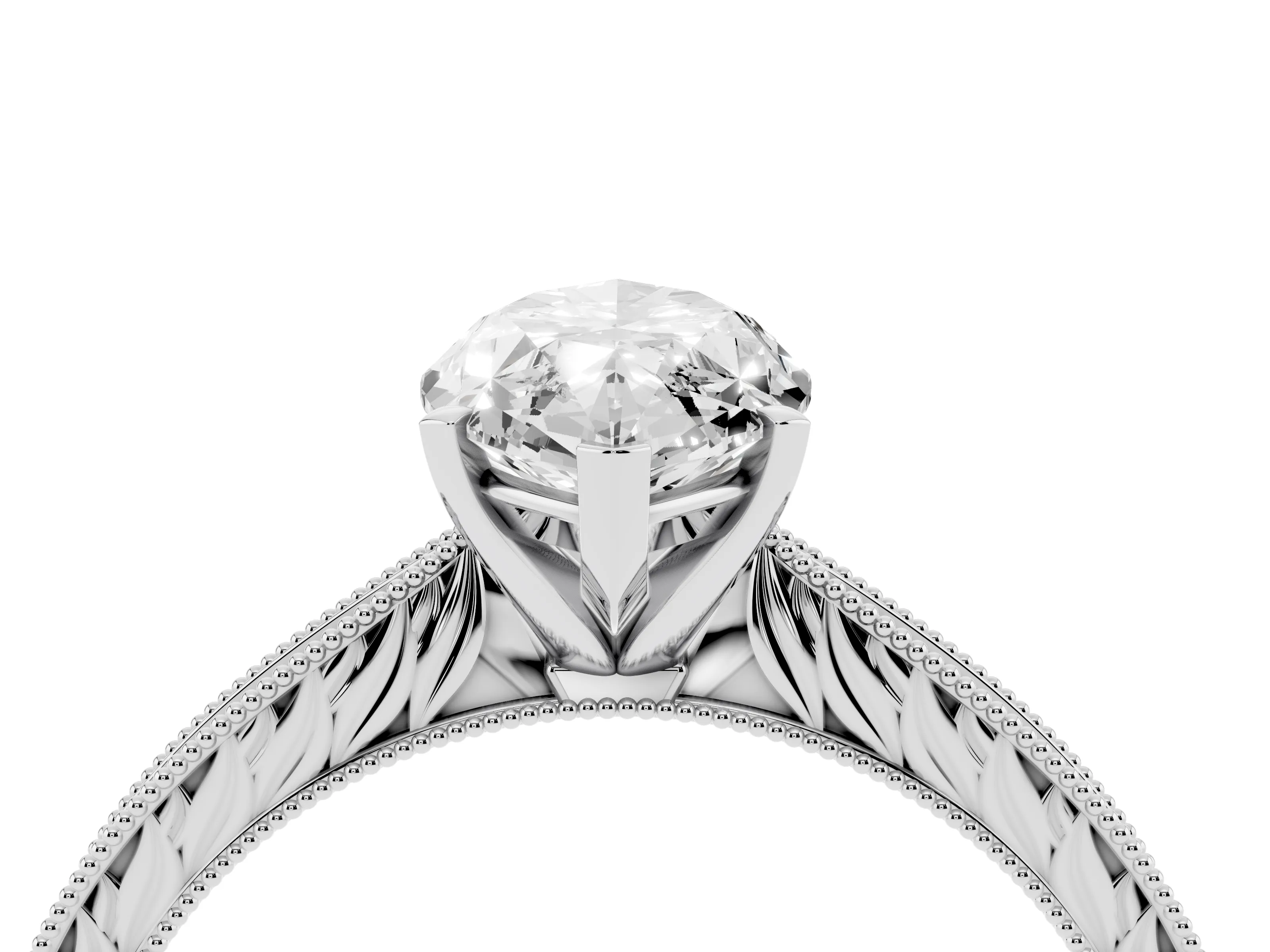 Marquise Cut Diamond Solitaire Milgrain Engraved Band Set in White gold with Prong Setting