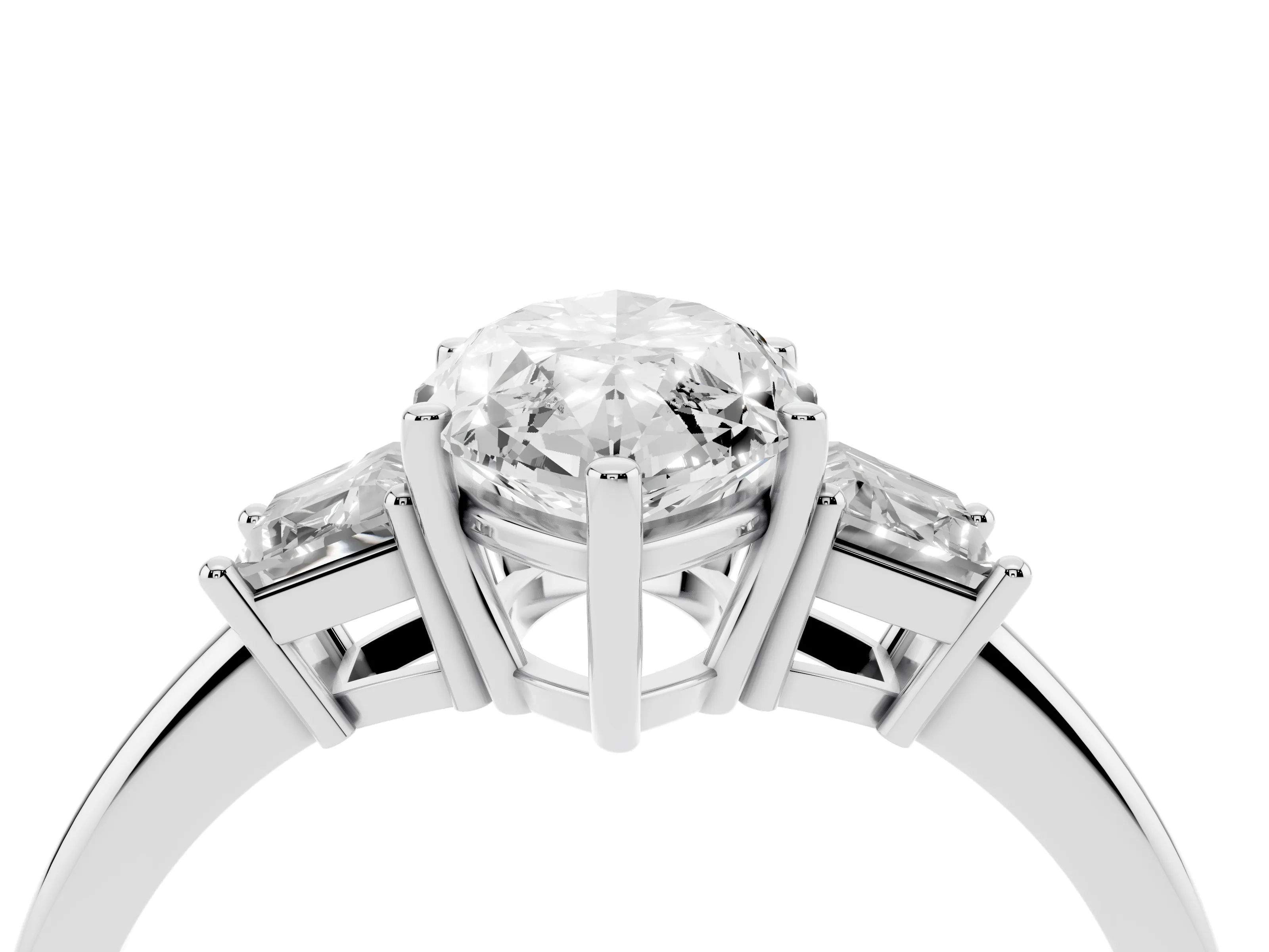 Marquise Cut Diamond Three-Stone Ring Set in White gold with Trapezoid Side Stones and Prong Setting