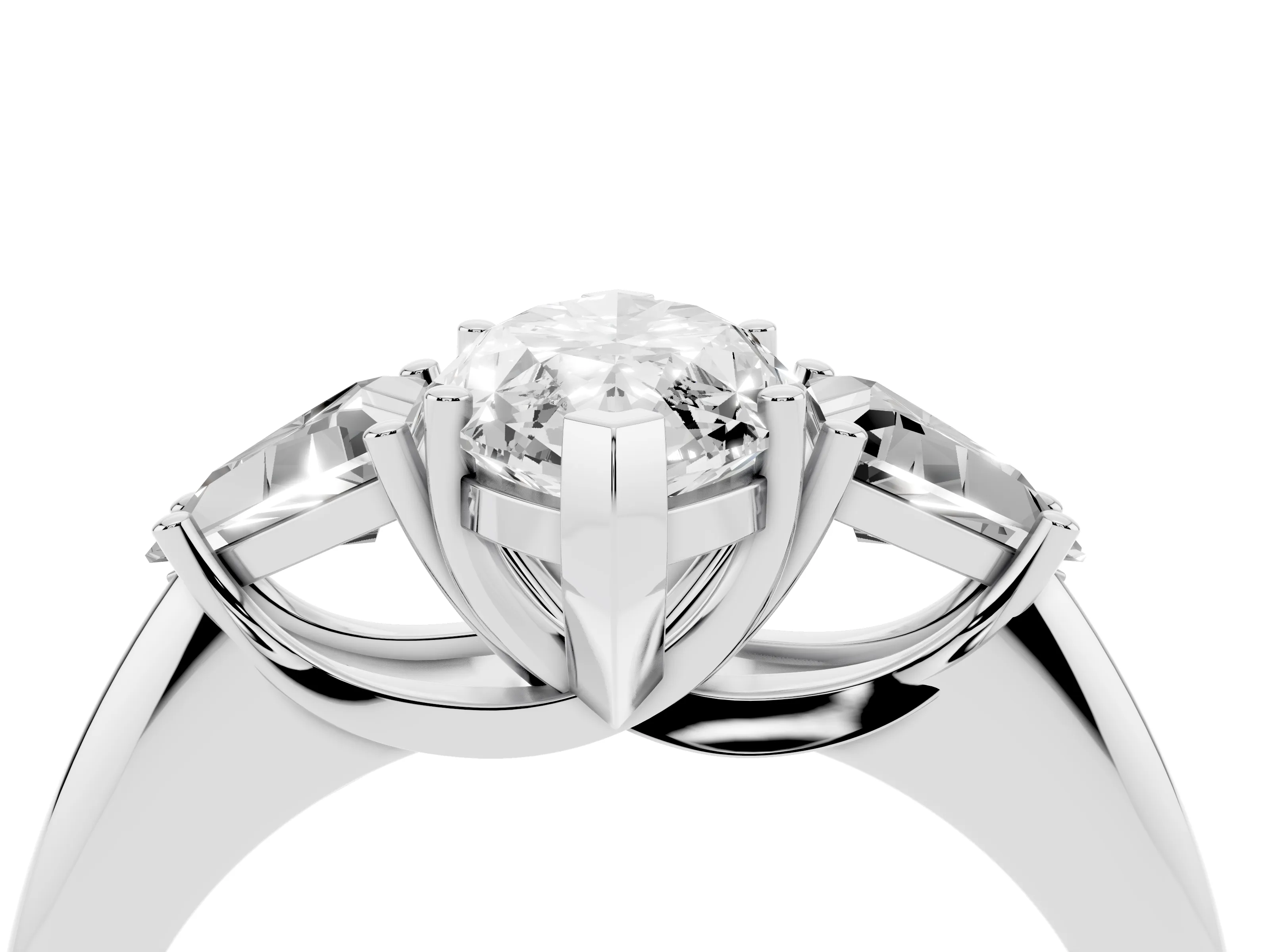 Marquise Cut Diamond Three-Stone Engagement Ring Set in White gold with Trillion Side Stones