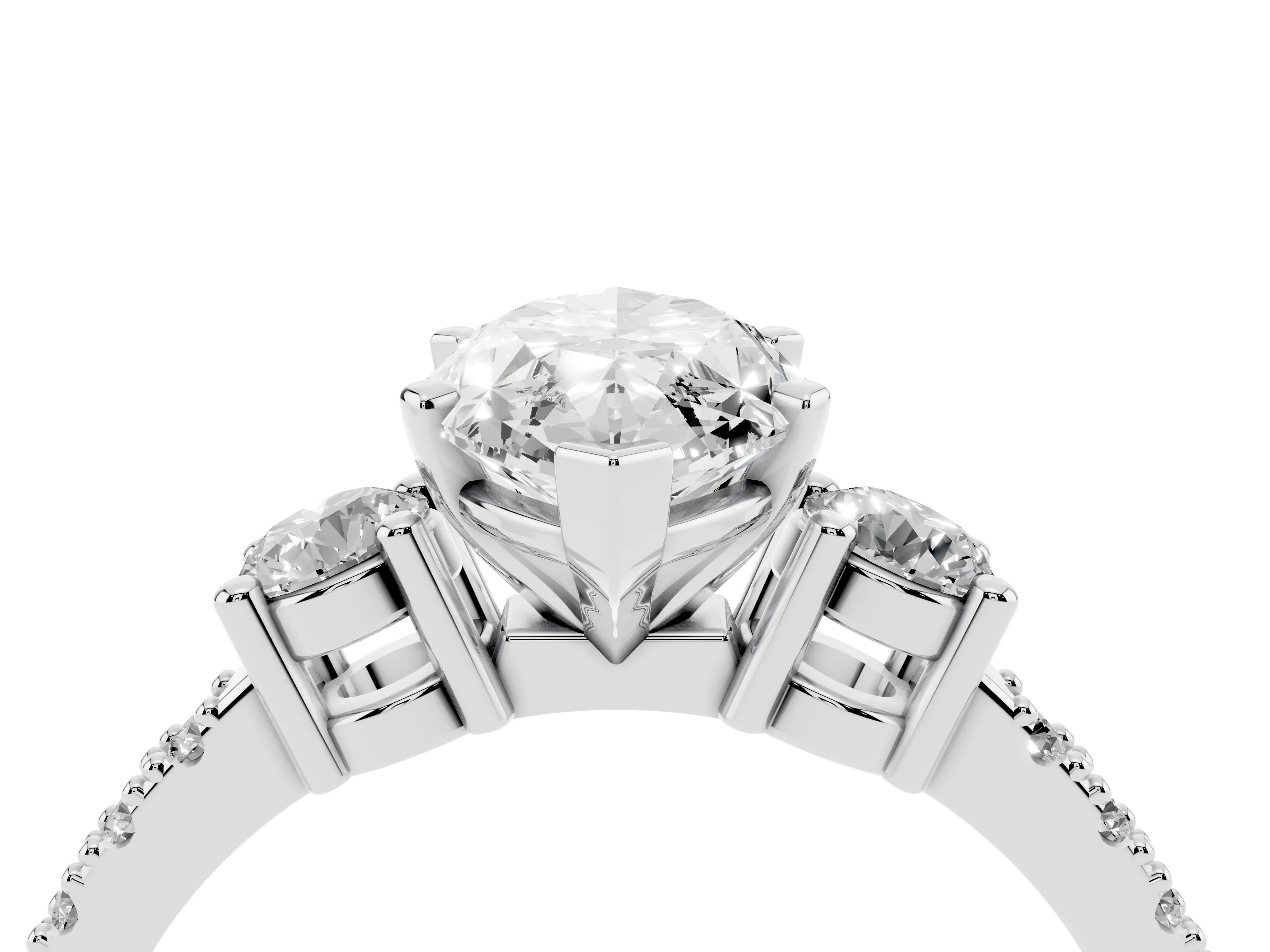 Three-Stone Marquise Cut Diamond Pavé Band Ring Set in Platinum with Prong Setting