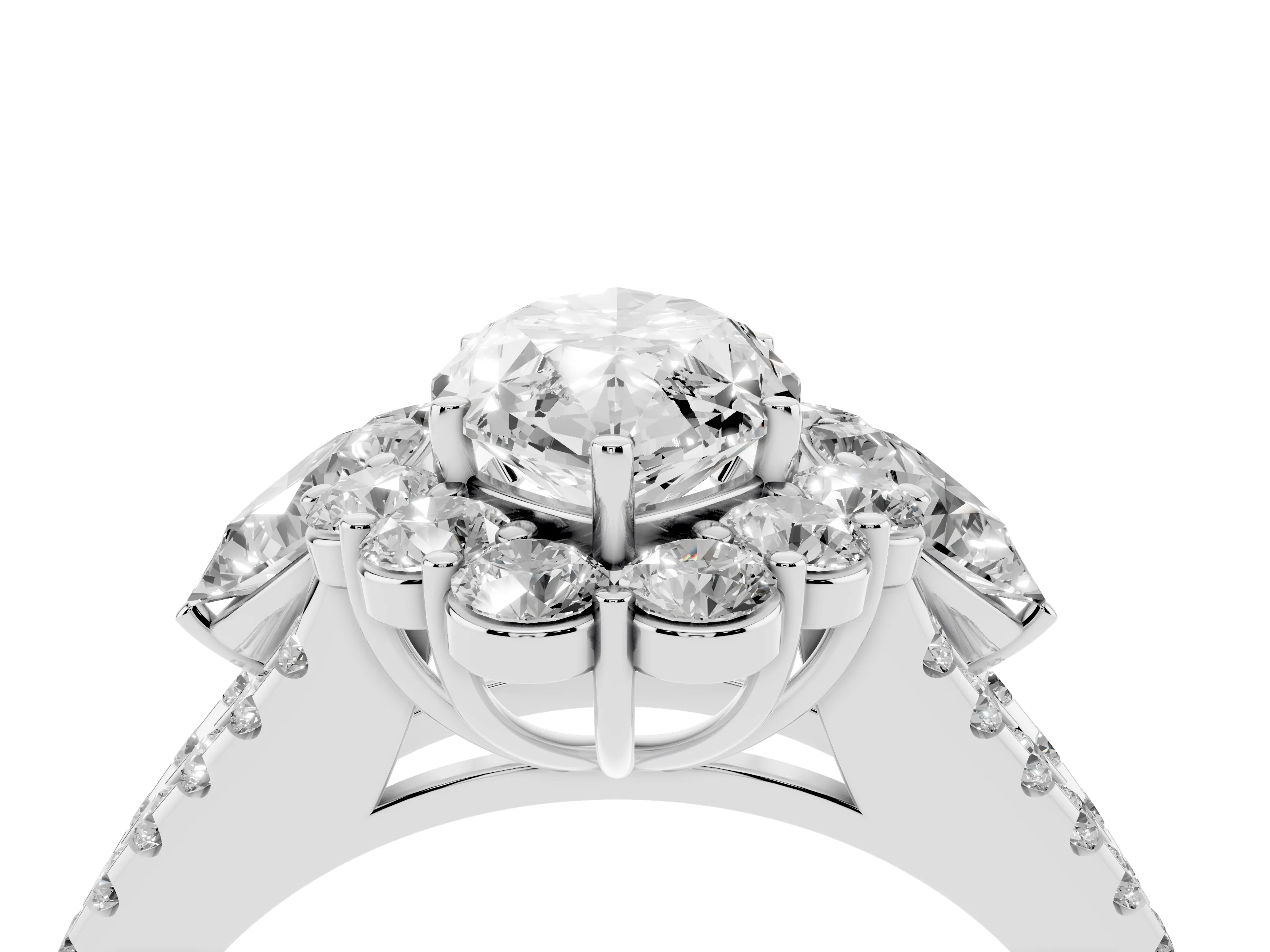 Marquise Cut Diamond Halo Split Shank Engagement Ring Set in White gold with Prong-Held Center Stone