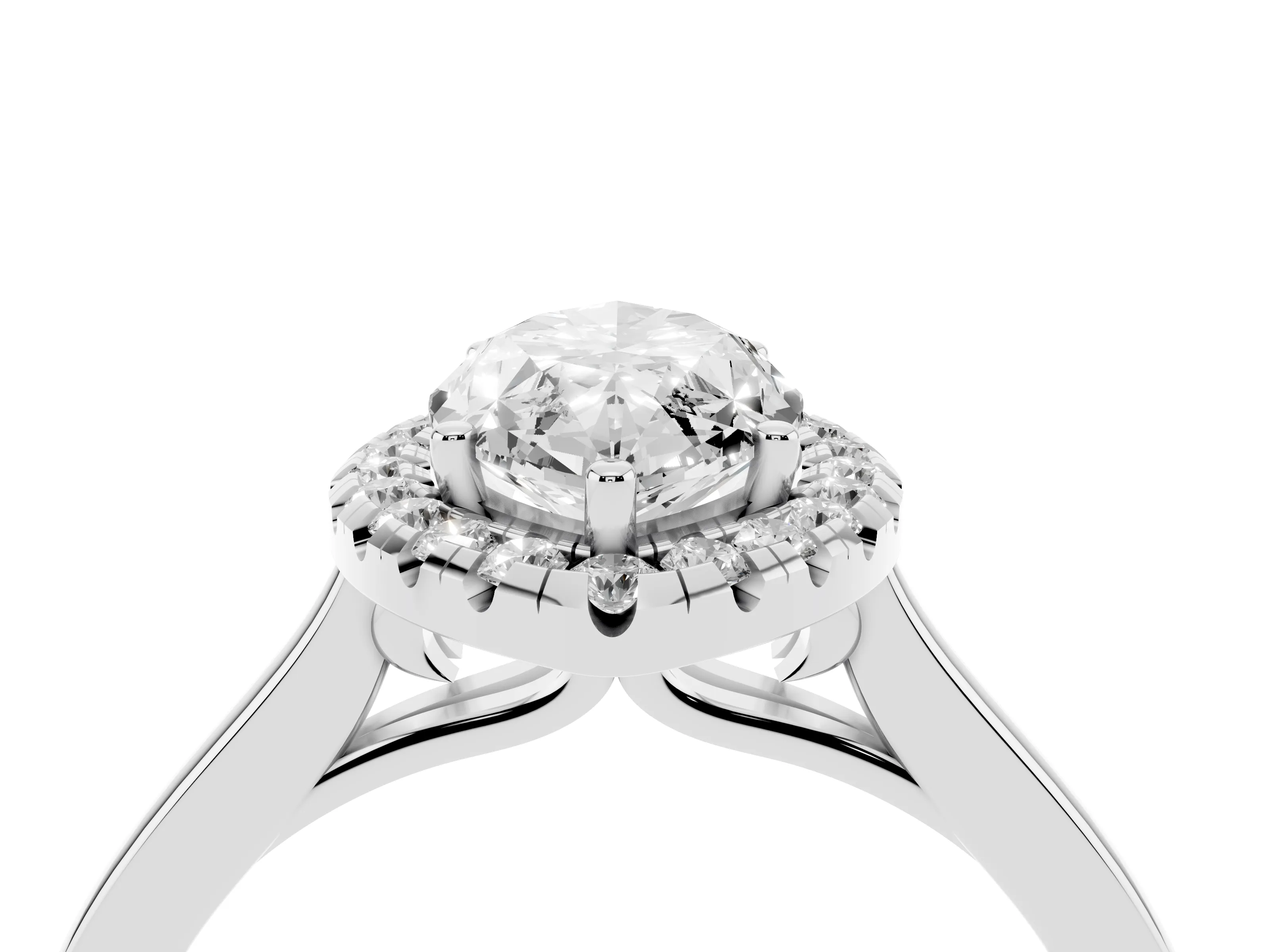 Marquise Cut Halo Round Diamond Solitaire Ring Set in White gold with Pavé Band and Prong Setting