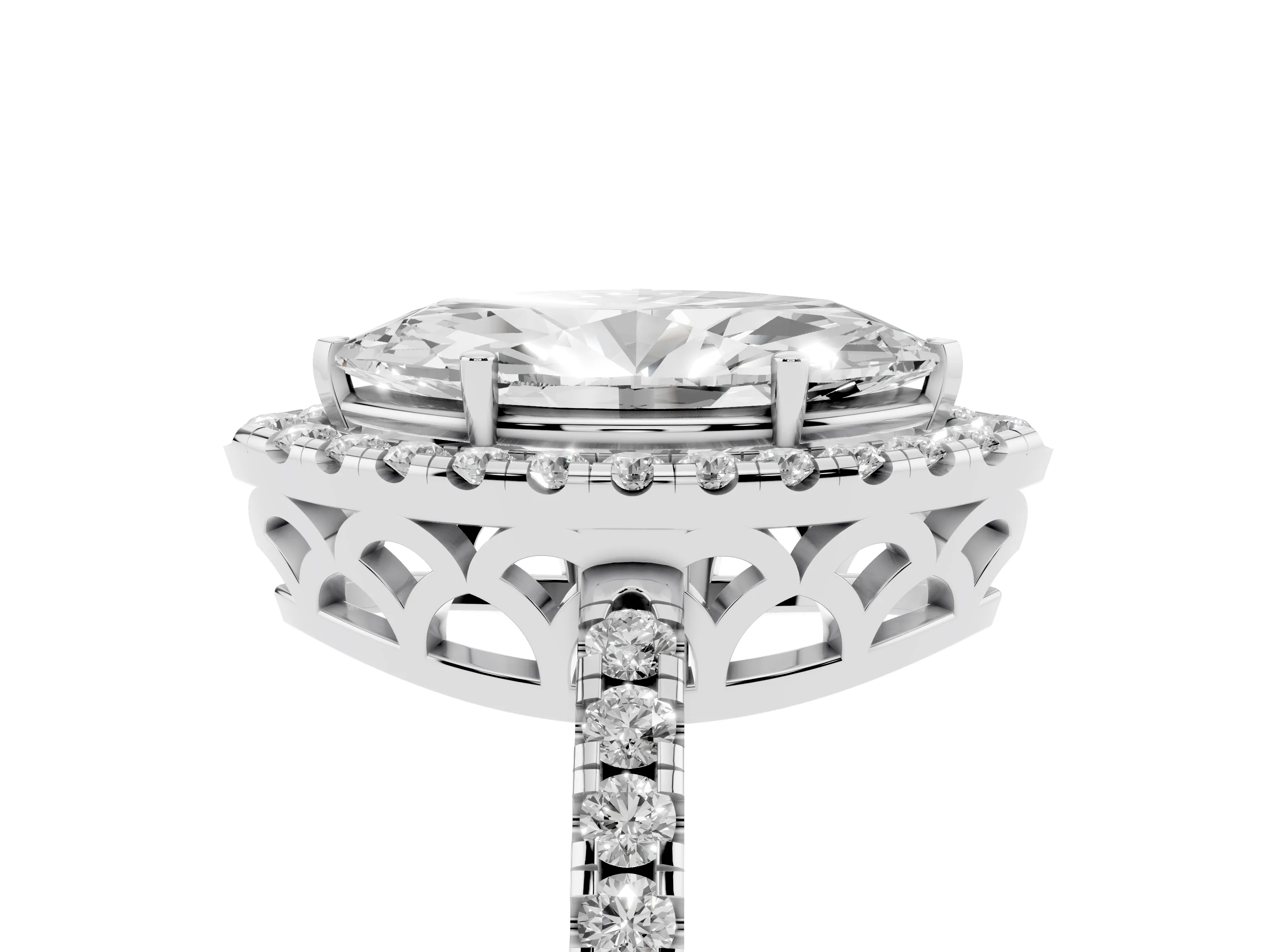 Marquise Cut Diamond Pavé Band Halo Engagement Ring Set in Platinum with Prong Setting