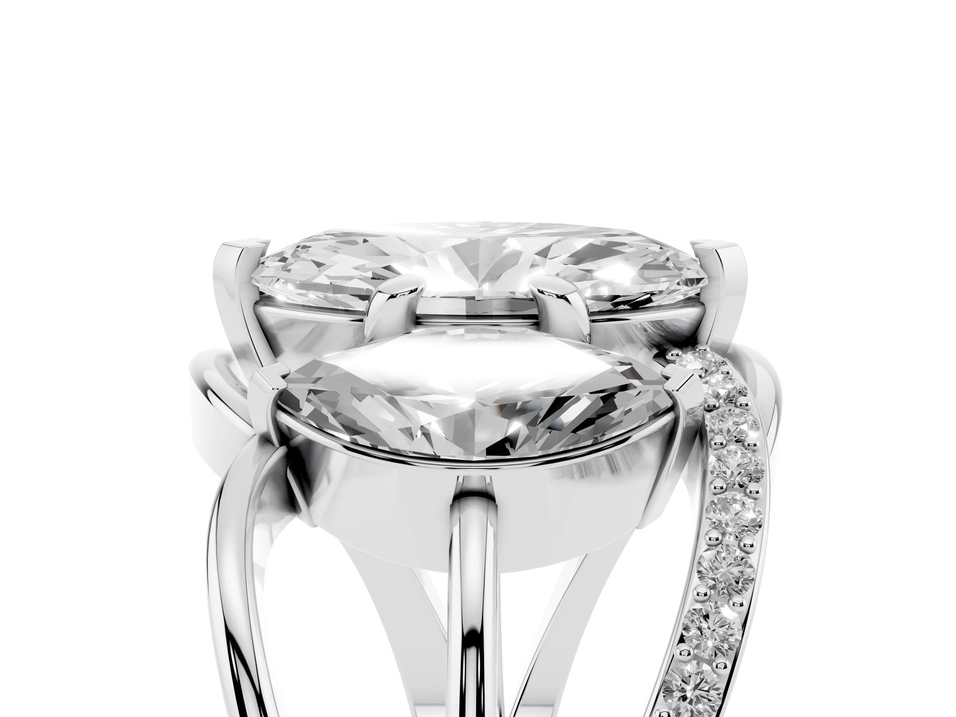 Marquise Cut Diamond Three-Stone Ring Set in Platinum with Split Shank and Prong Setting