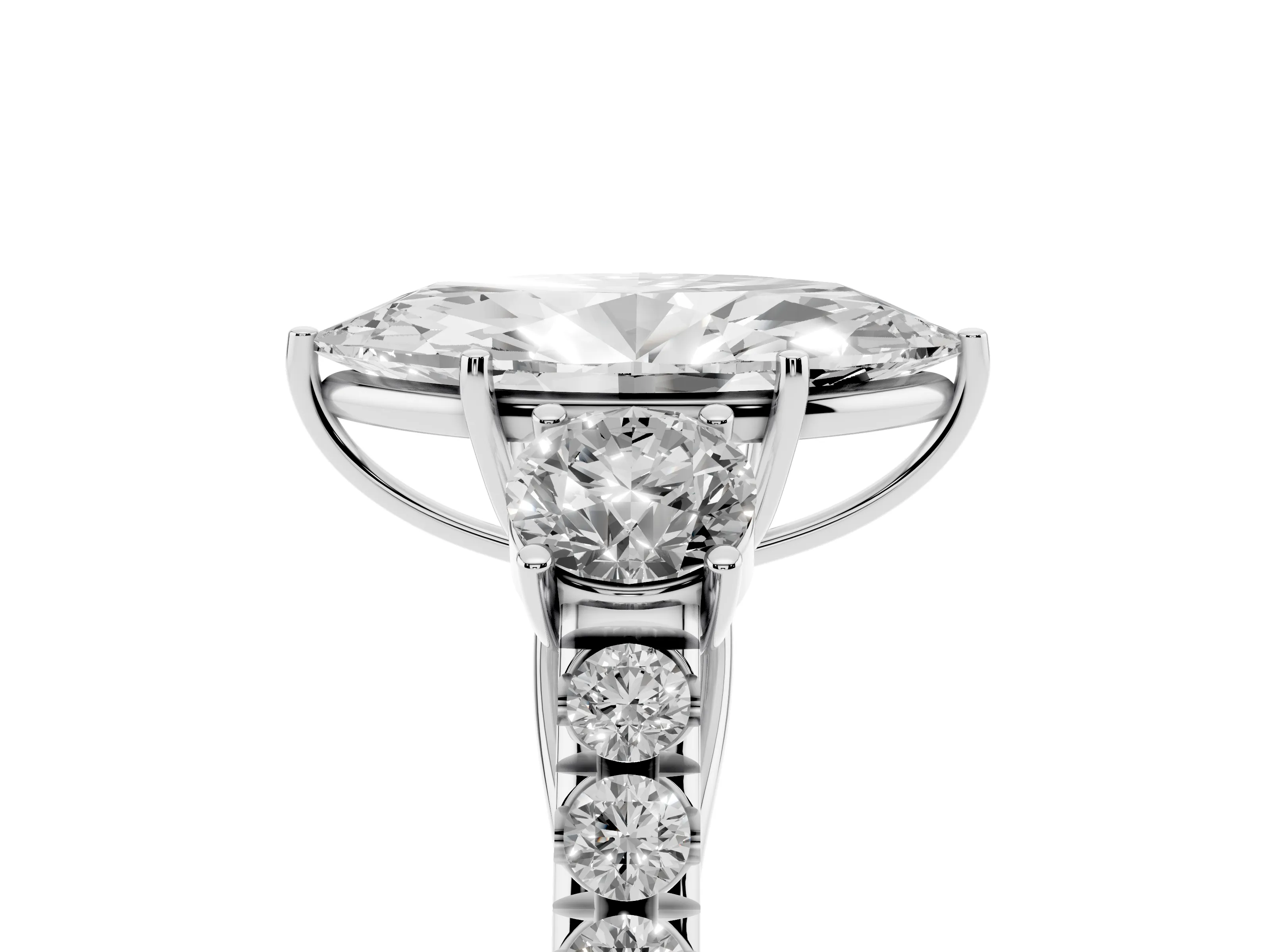 Marquise Cut Diamond Three-Stone Ring Set in Platinum with Round Side Stones and Delicate Pavé Band
