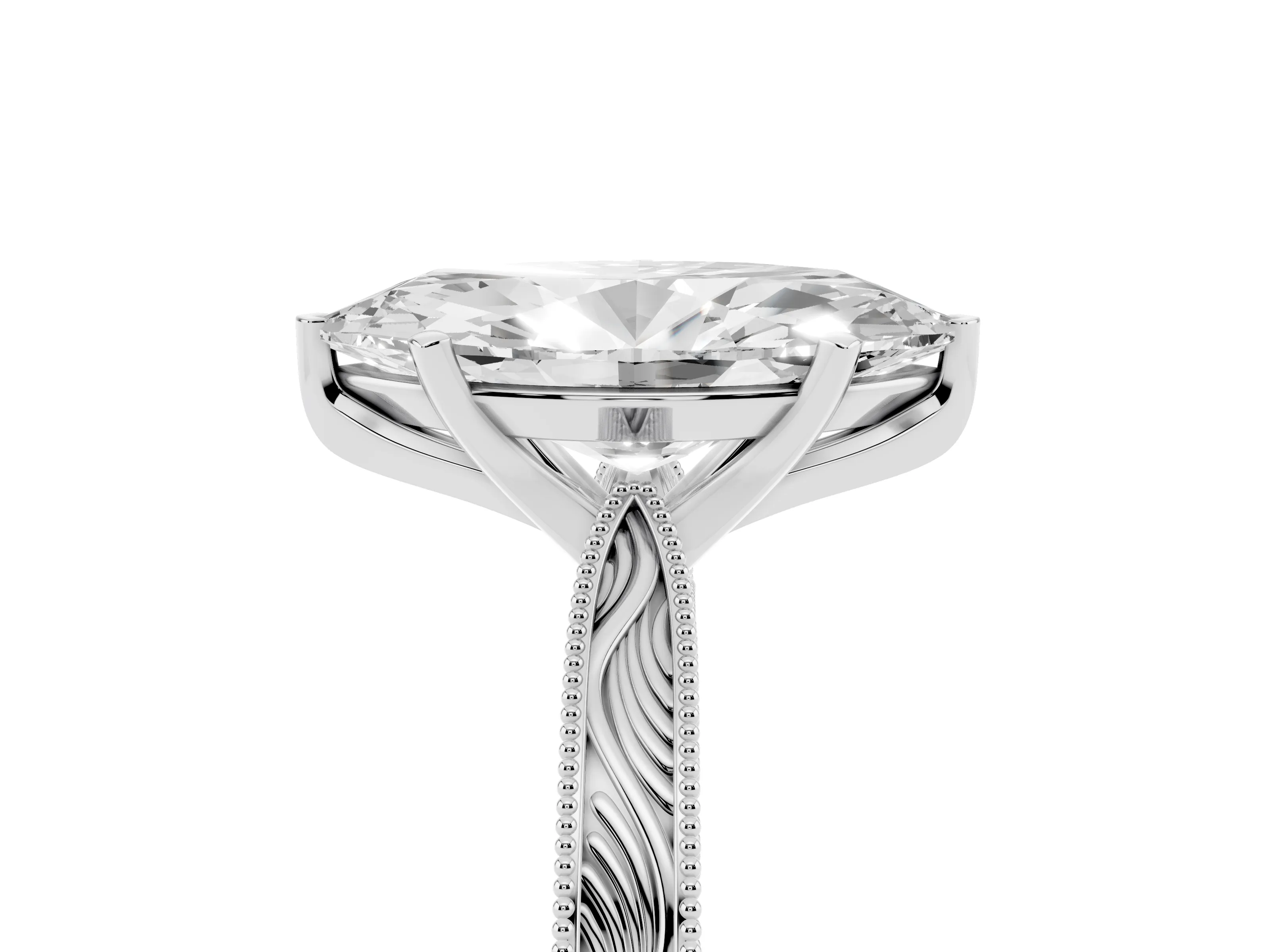 Marquise Cut Diamond Solitaire Milgrain Engraved Band Set in White gold with Prong Setting