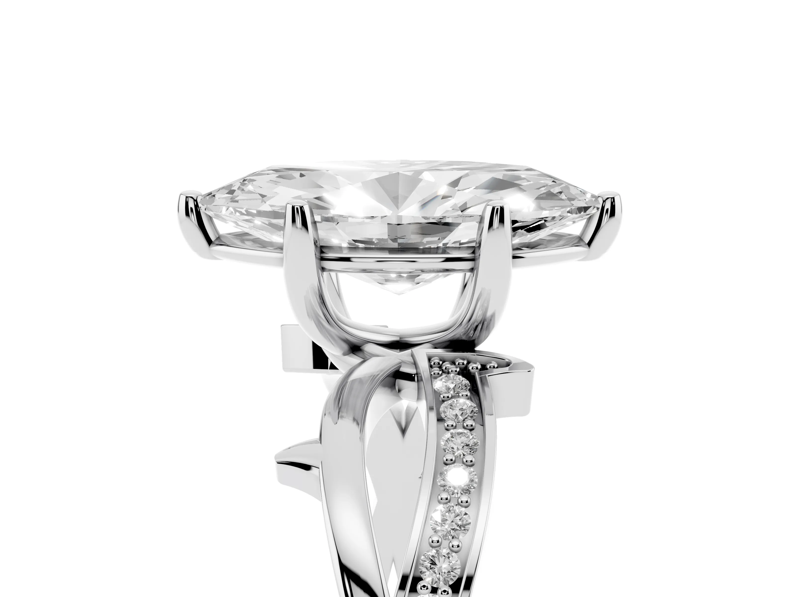 Marquise Cut Diamond Pavé Twist Band Solitaire Ring Set in White gold with Prong Setting