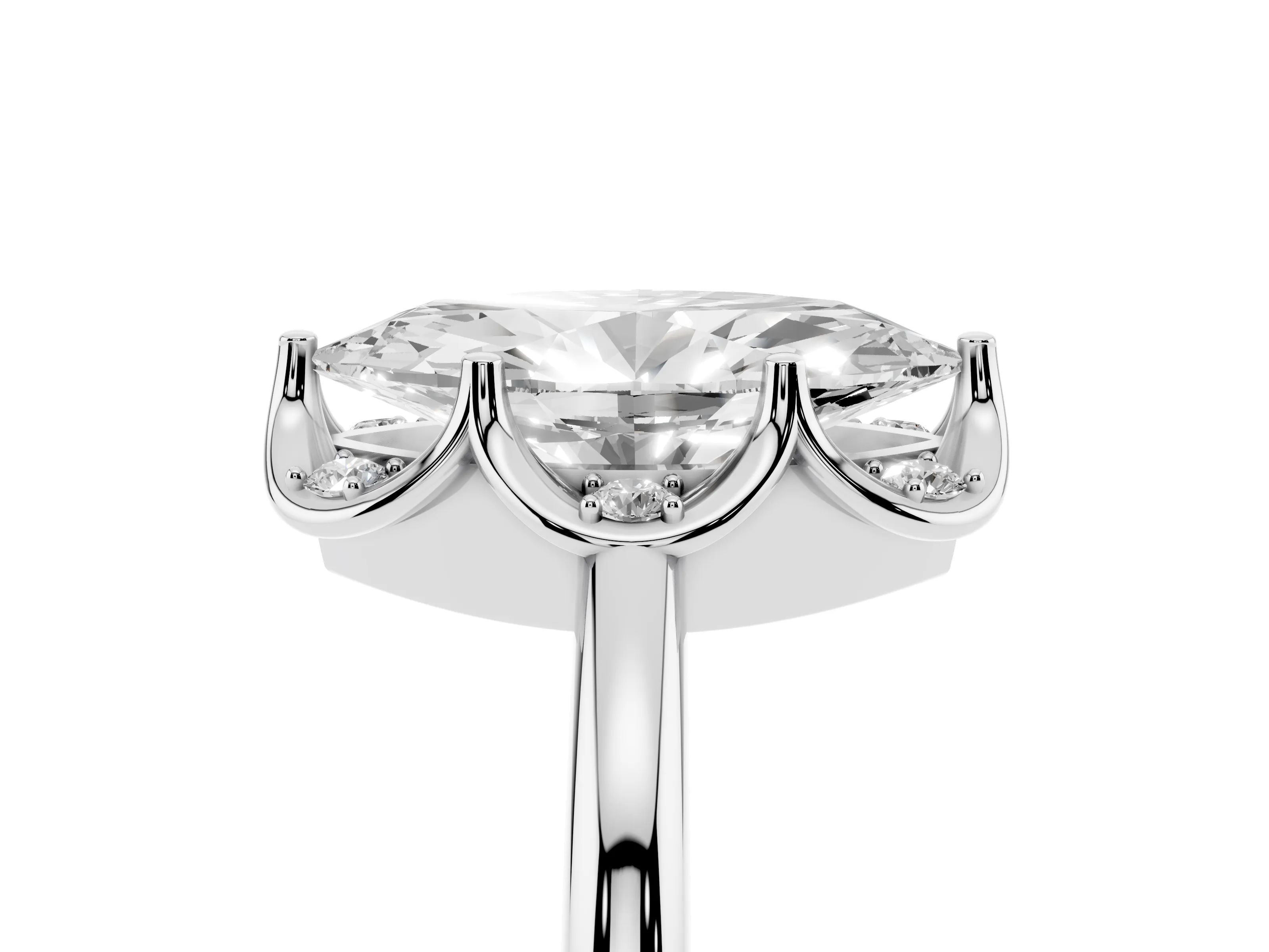 Marquise Cut Diamond Round Cluster Halo Ring Set in Silver with Solitaire Band and Prong Setting