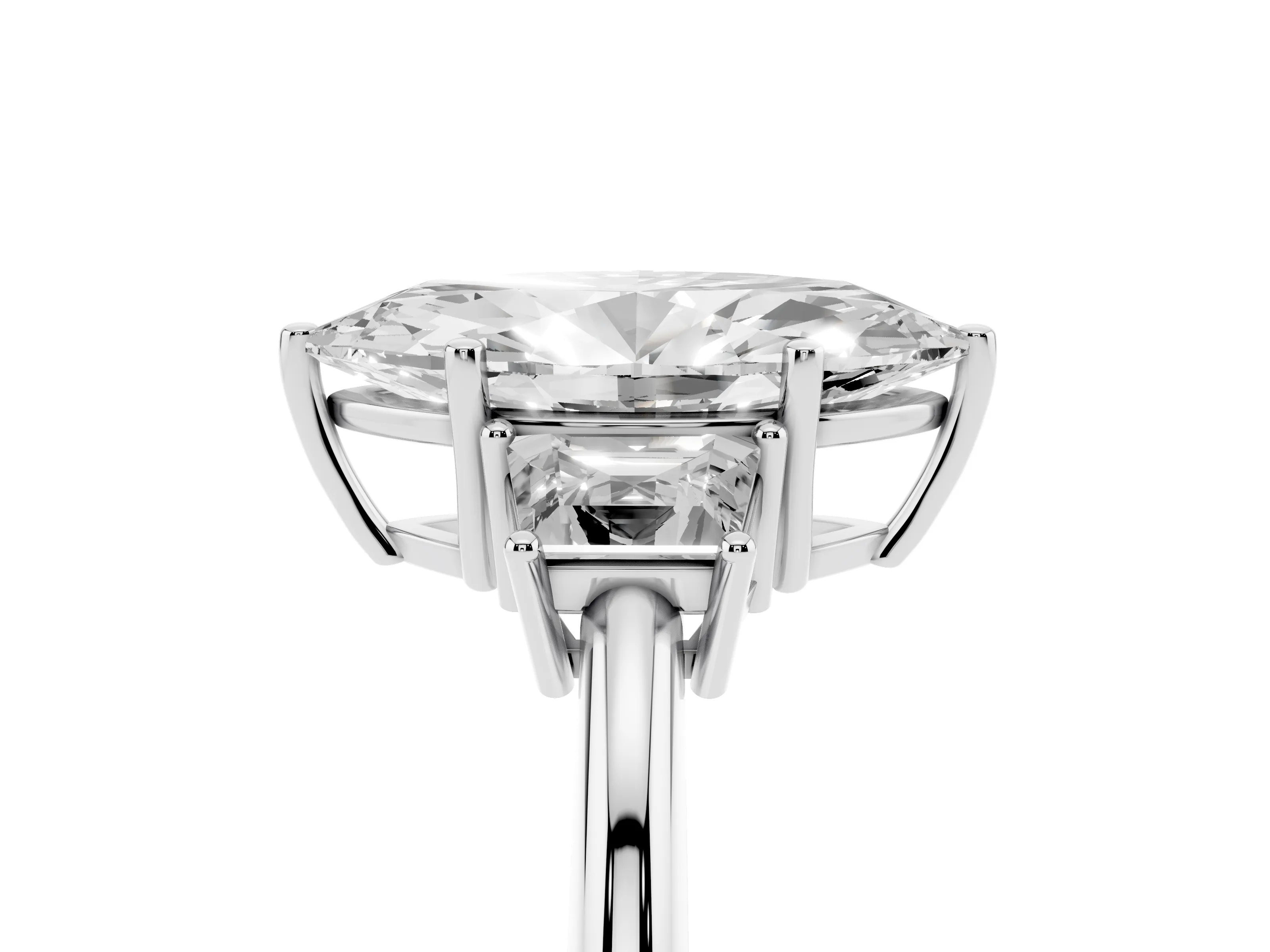 Marquise Cut Diamond Three-Stone Ring Set in White gold with Trapezoid Side Stones and Prong Setting