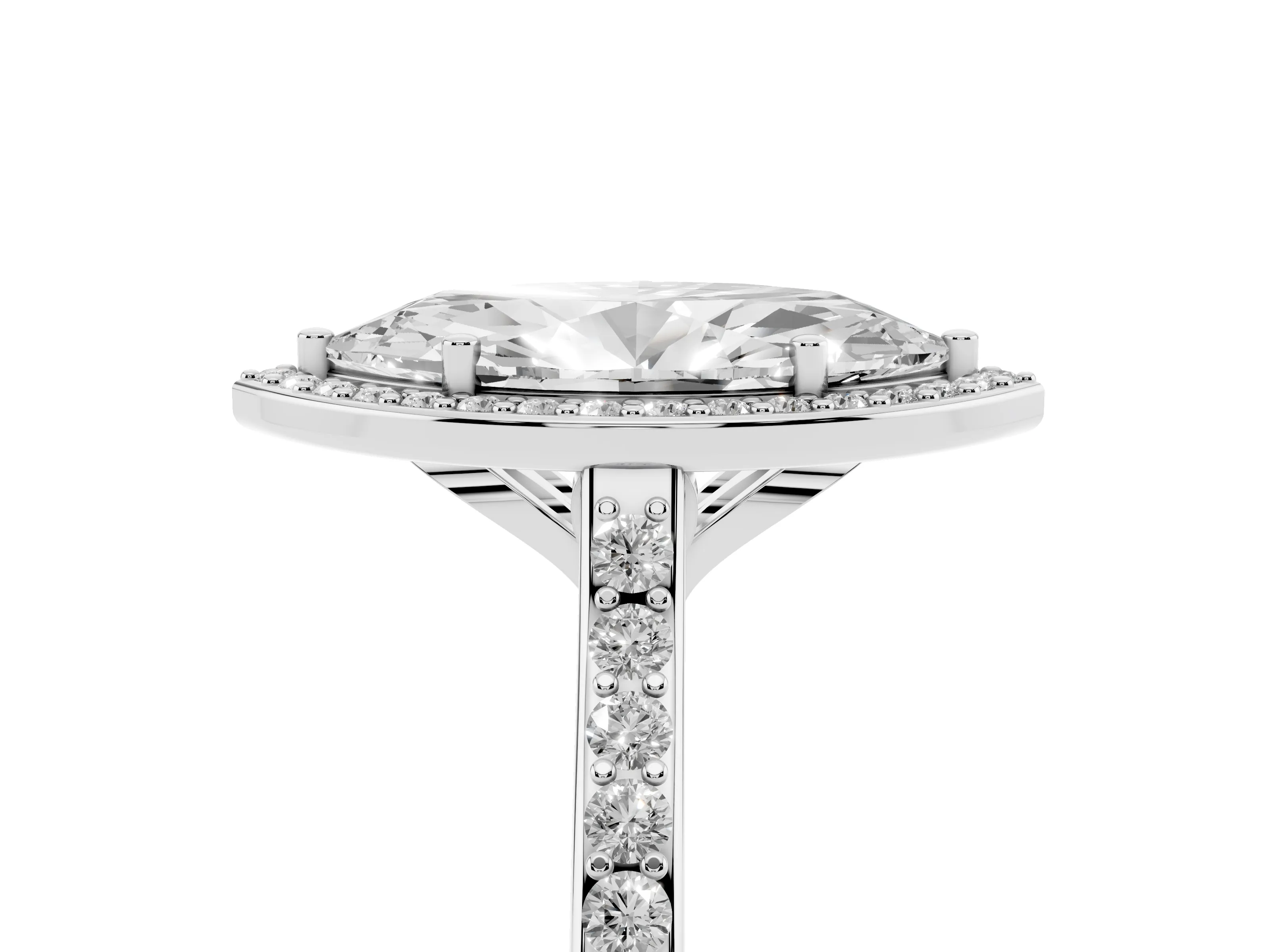 Marquise Cut Diamond Halo Engagement Ring Set in Silver with Round Pavé Shoulders and Heart Gallery
