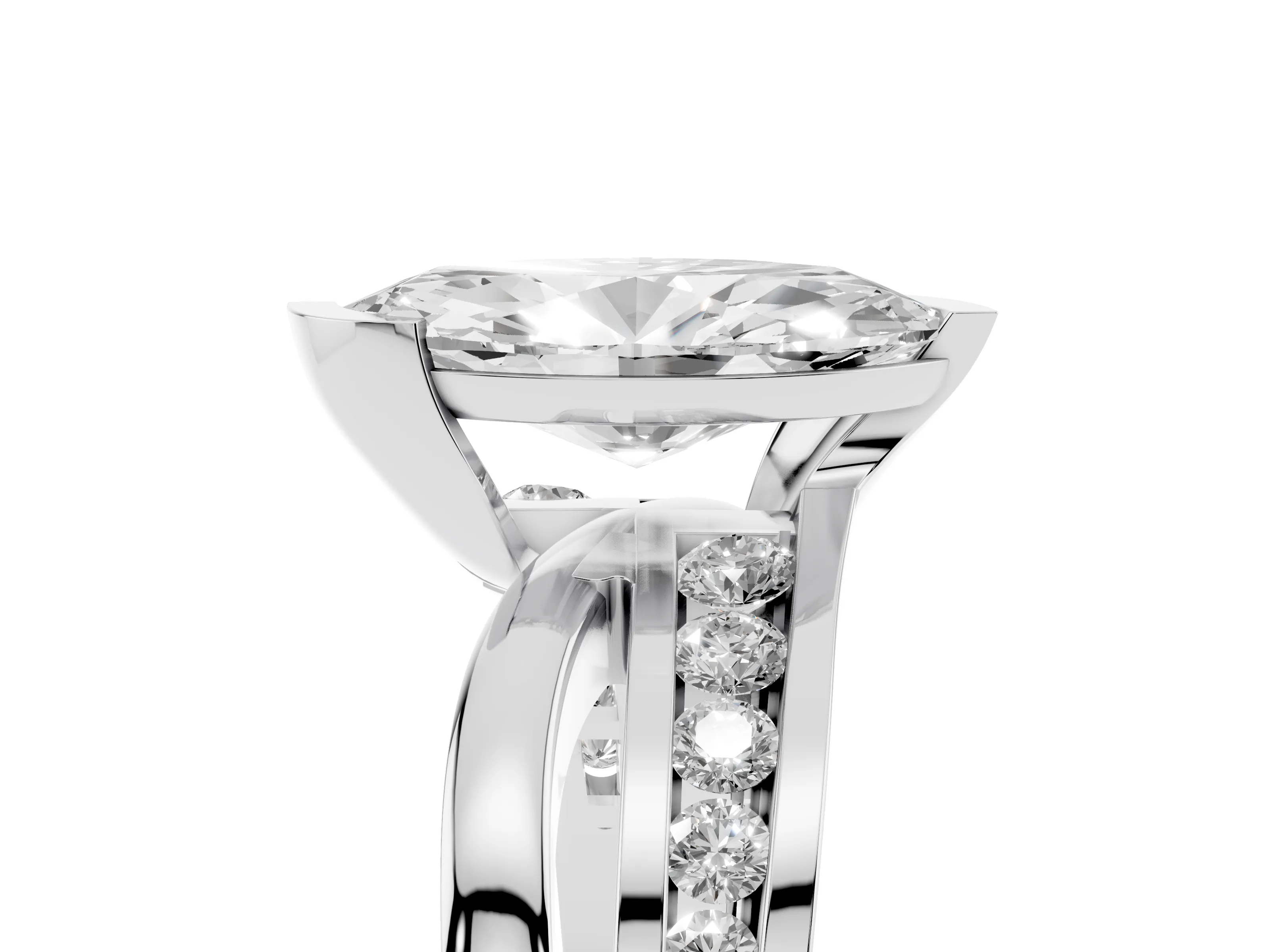 Marquise Cut Diamond Solitaire Ring Set in Platinum with Channel Set Split Shank and Tension Prongs