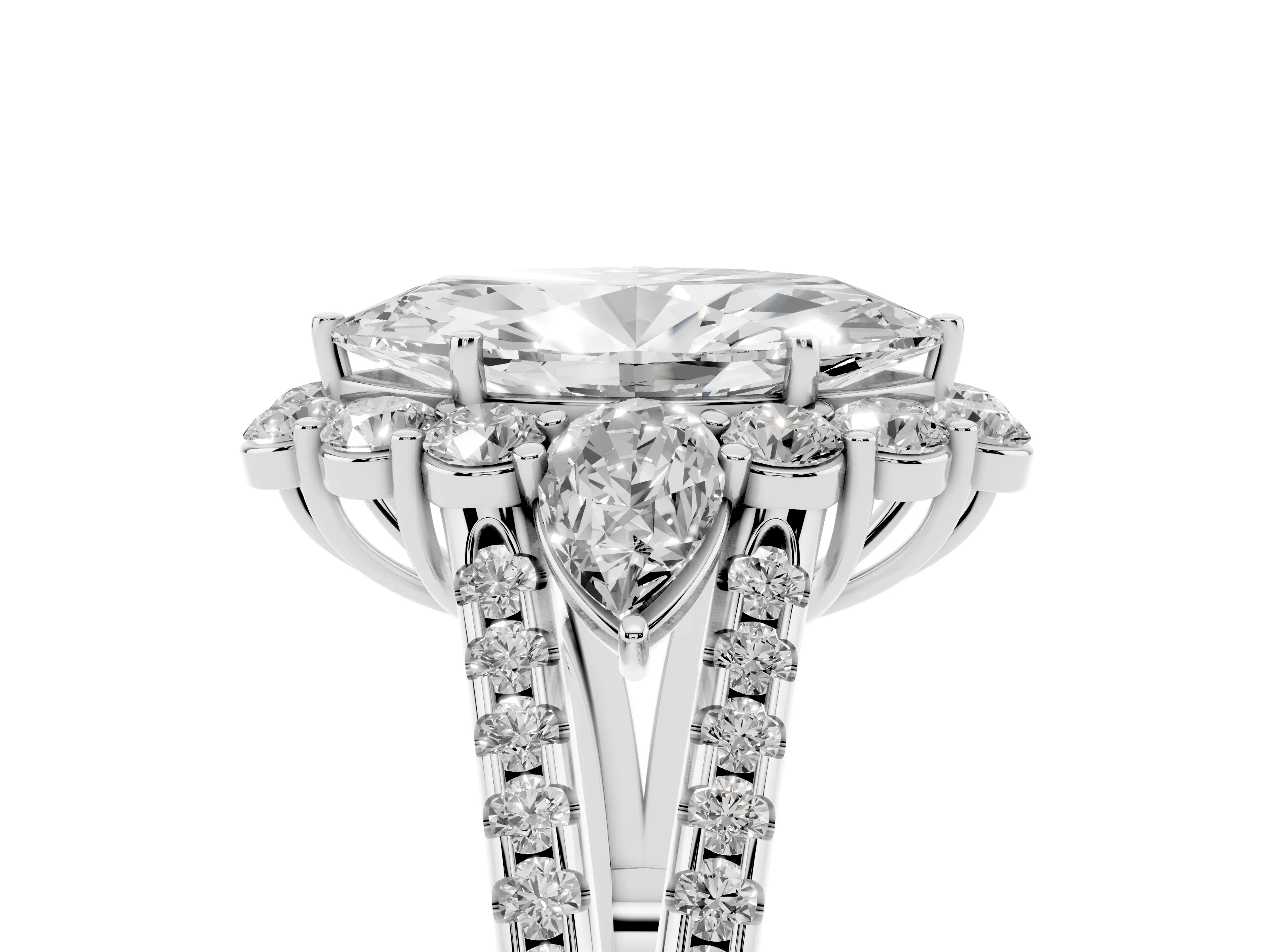 Marquise Cut Diamond Halo Split Shank Engagement Ring Set in White gold with Prong-Held Center Stone