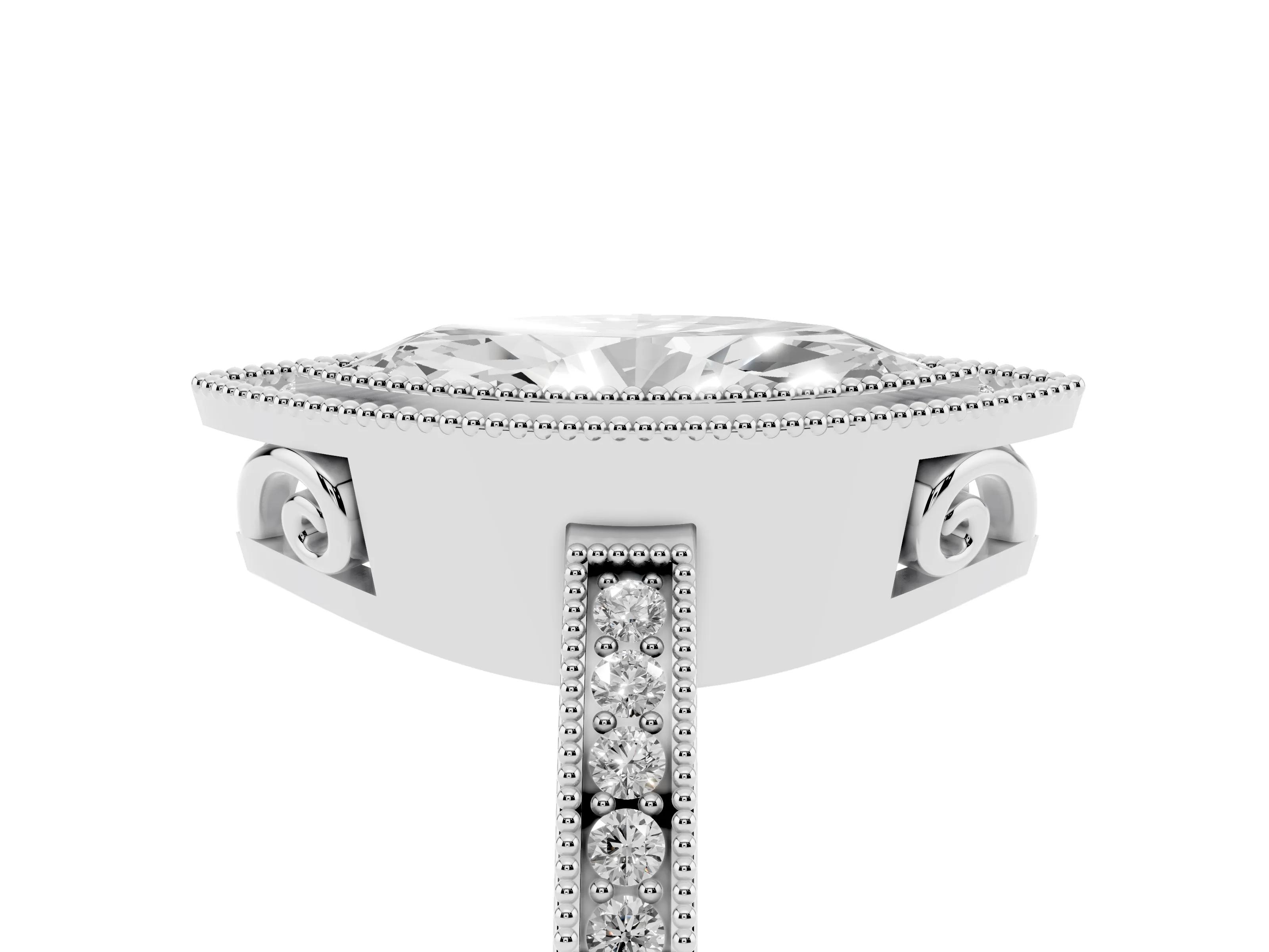 Marquise Cut Diamond Halo Ring Set in White gold with Pavé Band and Milgrain-Edged Prongs