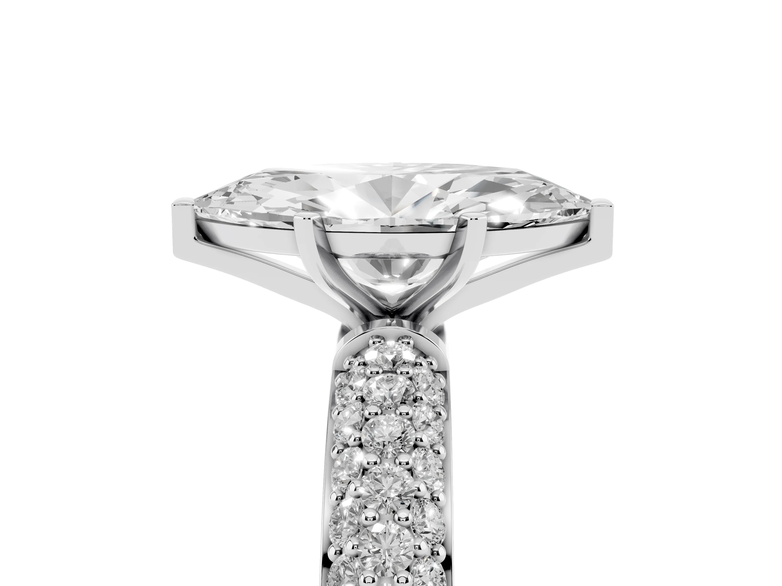 Marquise Cut Diamond Solitaire Ring Set in White gold with Prong Setting and Pavé-Set Band