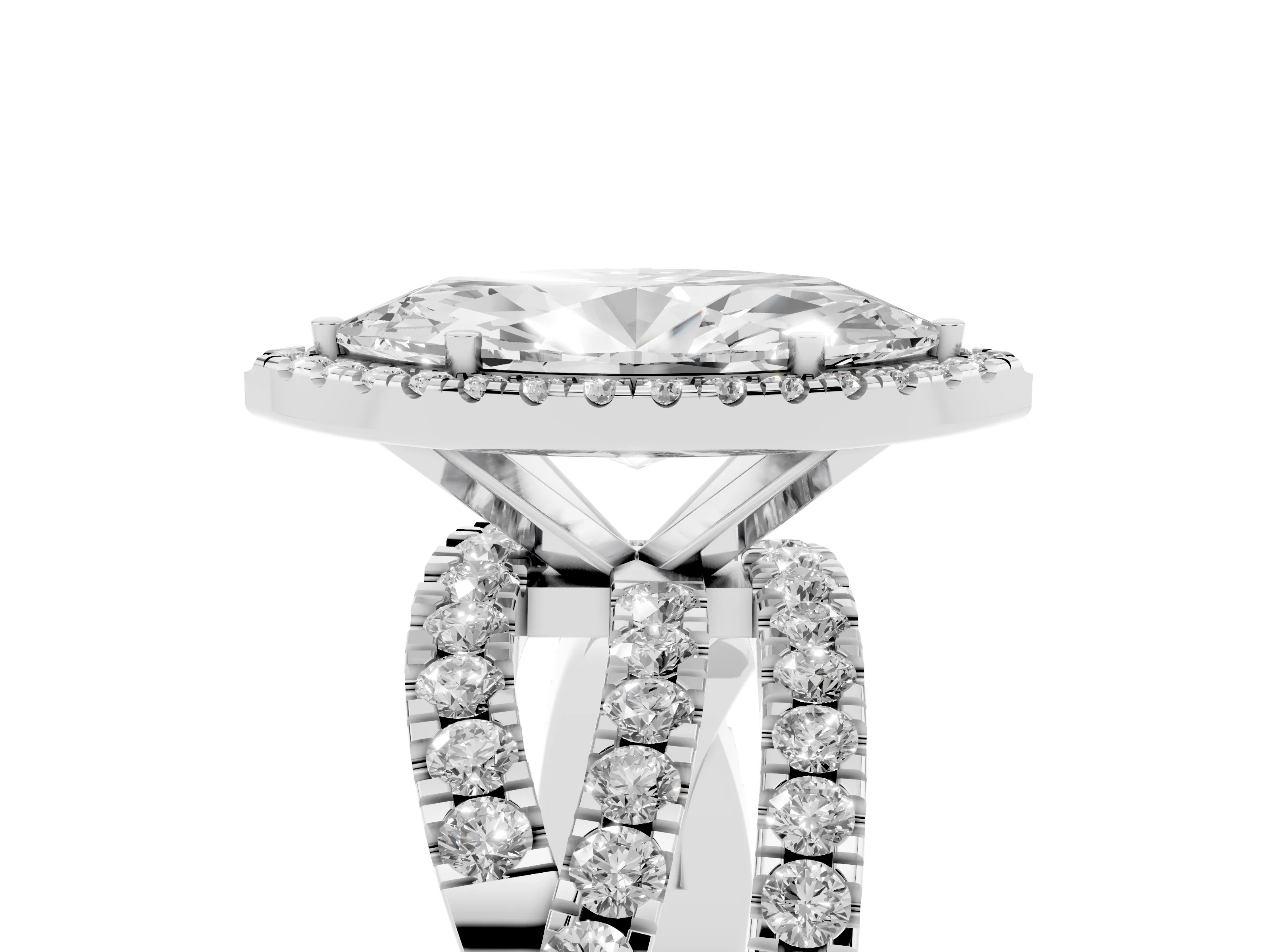 Marquise Cut Diamond Halo Ring Set in Platinum with Round Crossover Split Shank and Prong Setting