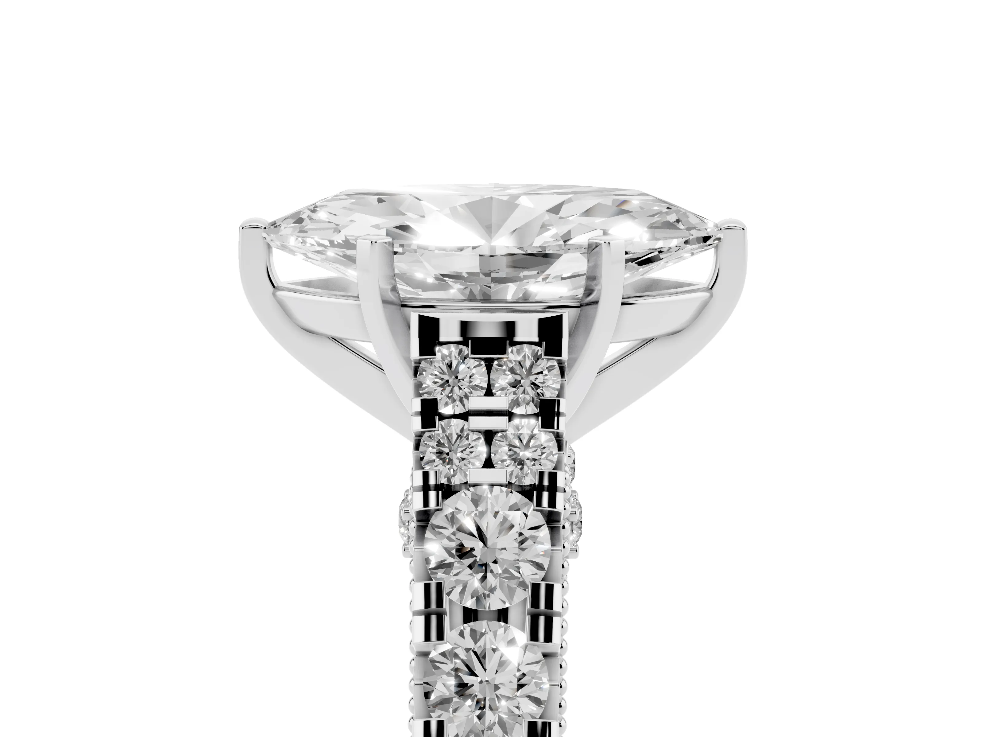 Marquise Cut Diamond Classic Solitaire Ring Set in White gold with Pavé Band and Prong Setting