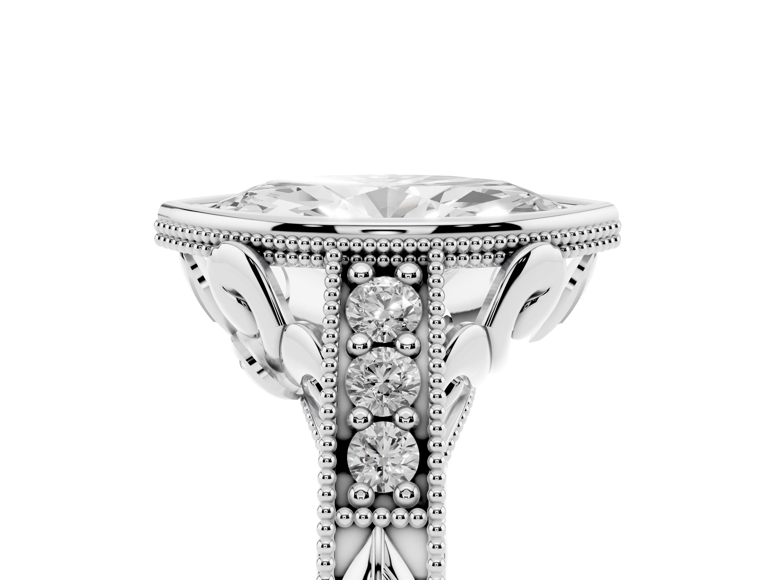 Bezel Set Marquise Cut Diamond Milgrain Pavé Engagement Ring Set in White gold