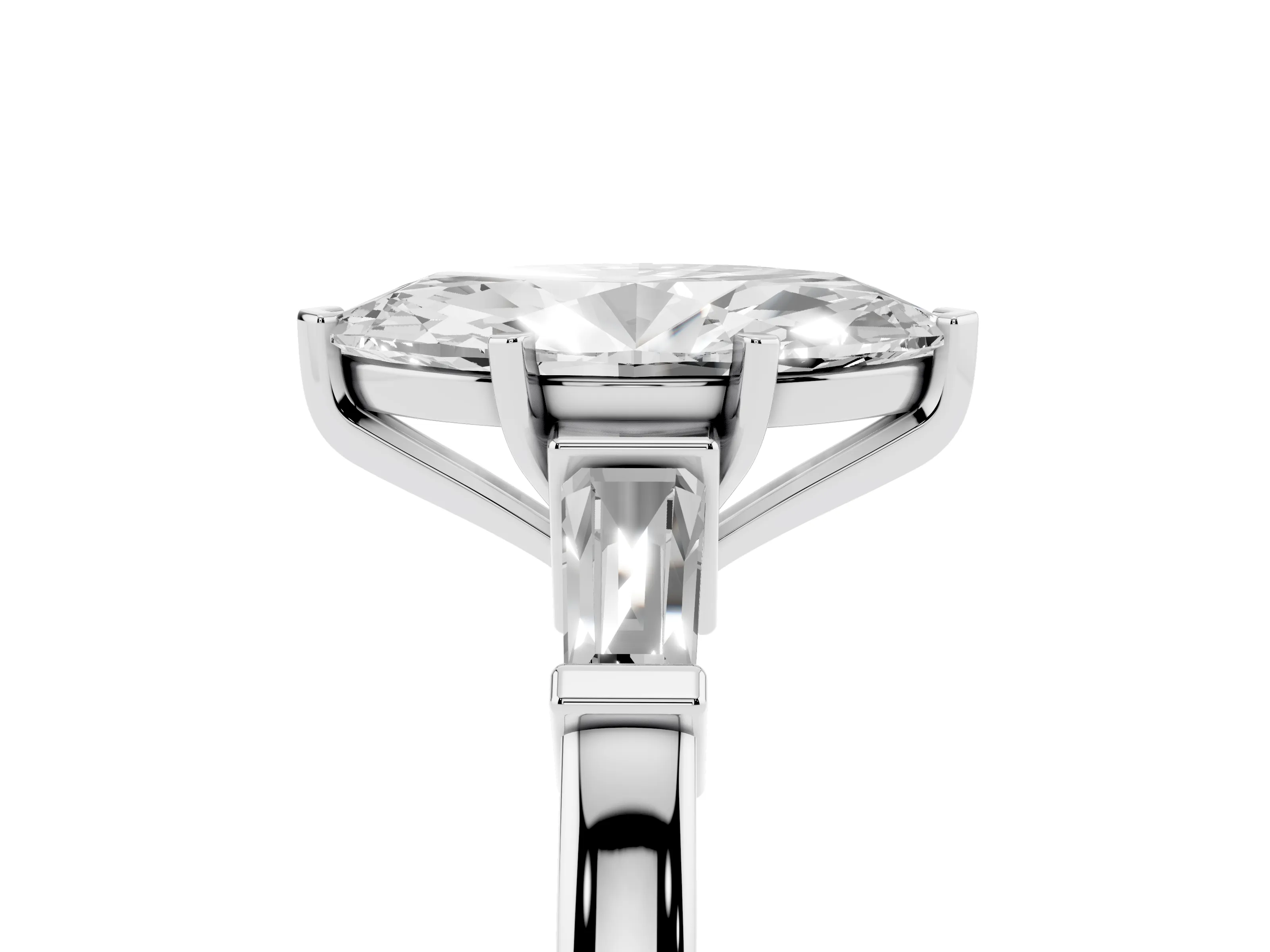 Marquise Cut Diamond Solitaire Ring Set in Platinum with Tapered Baguette Accents and Prong Setting