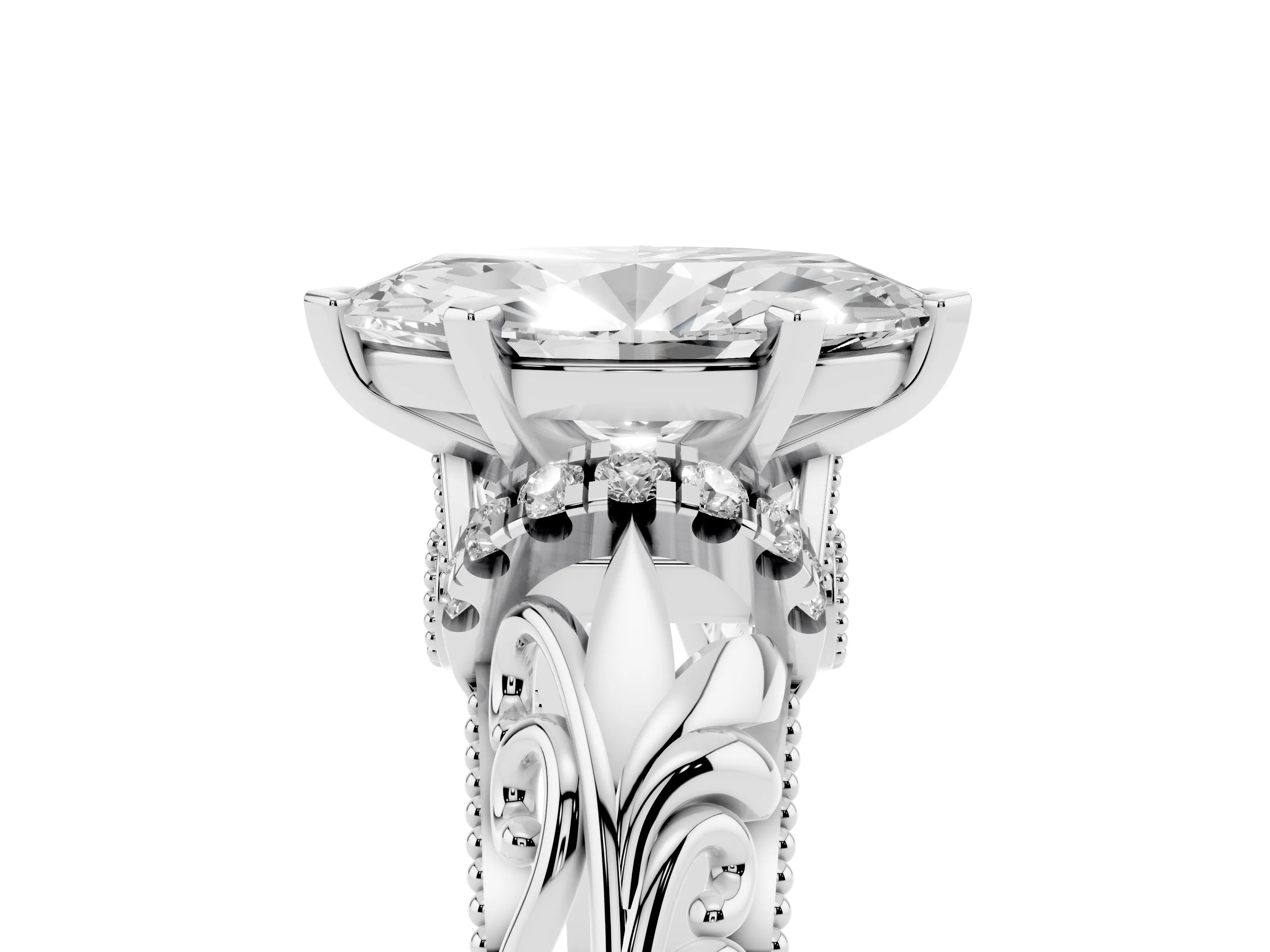 Marquise Cut Diamond Filigree Halo Engagement Ring Set in White gold with Prong Setting