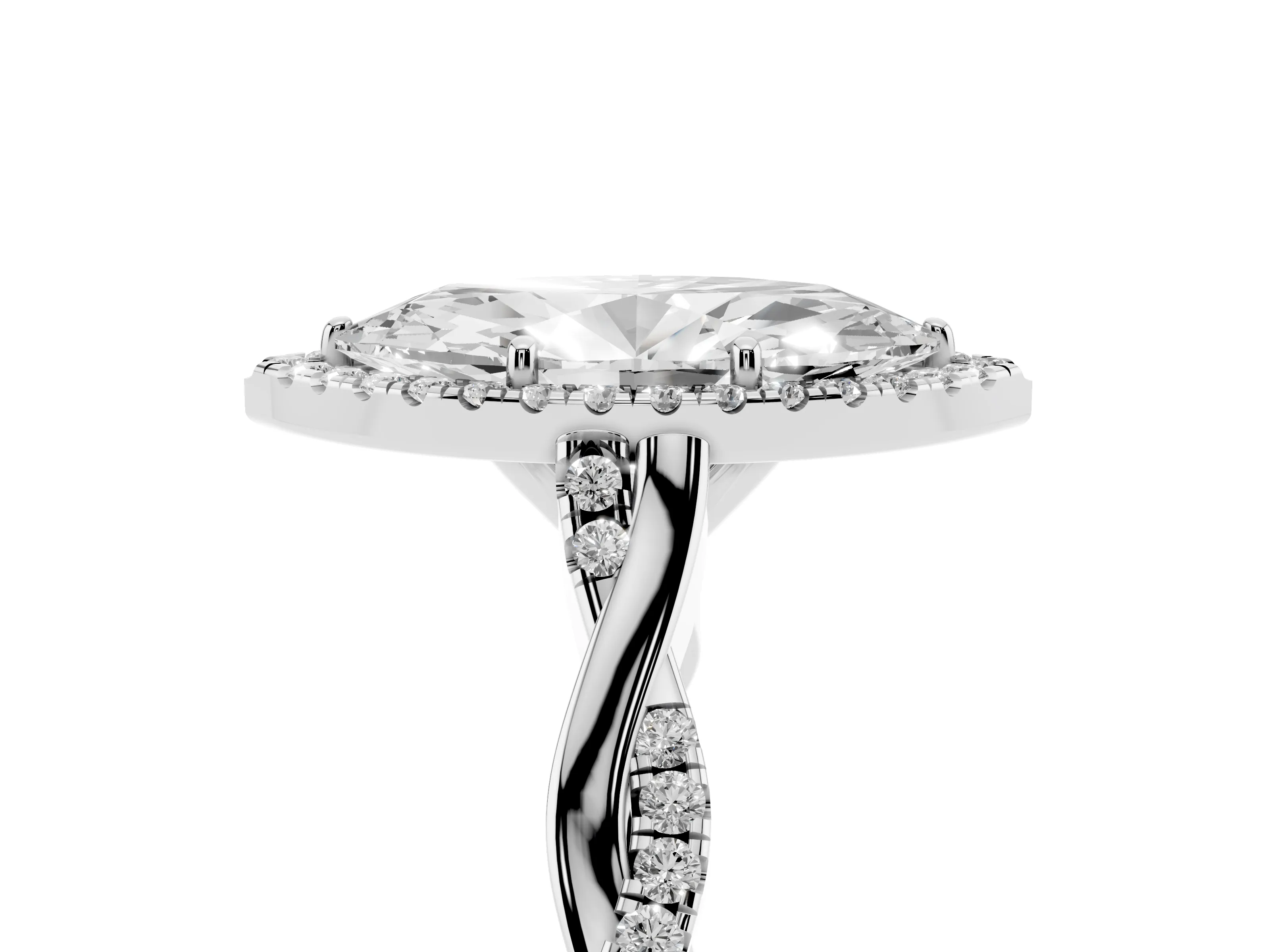 Marquise Cut Diamond Halo Twist Band Solitaire Ring Set in Silver with Prong Setting