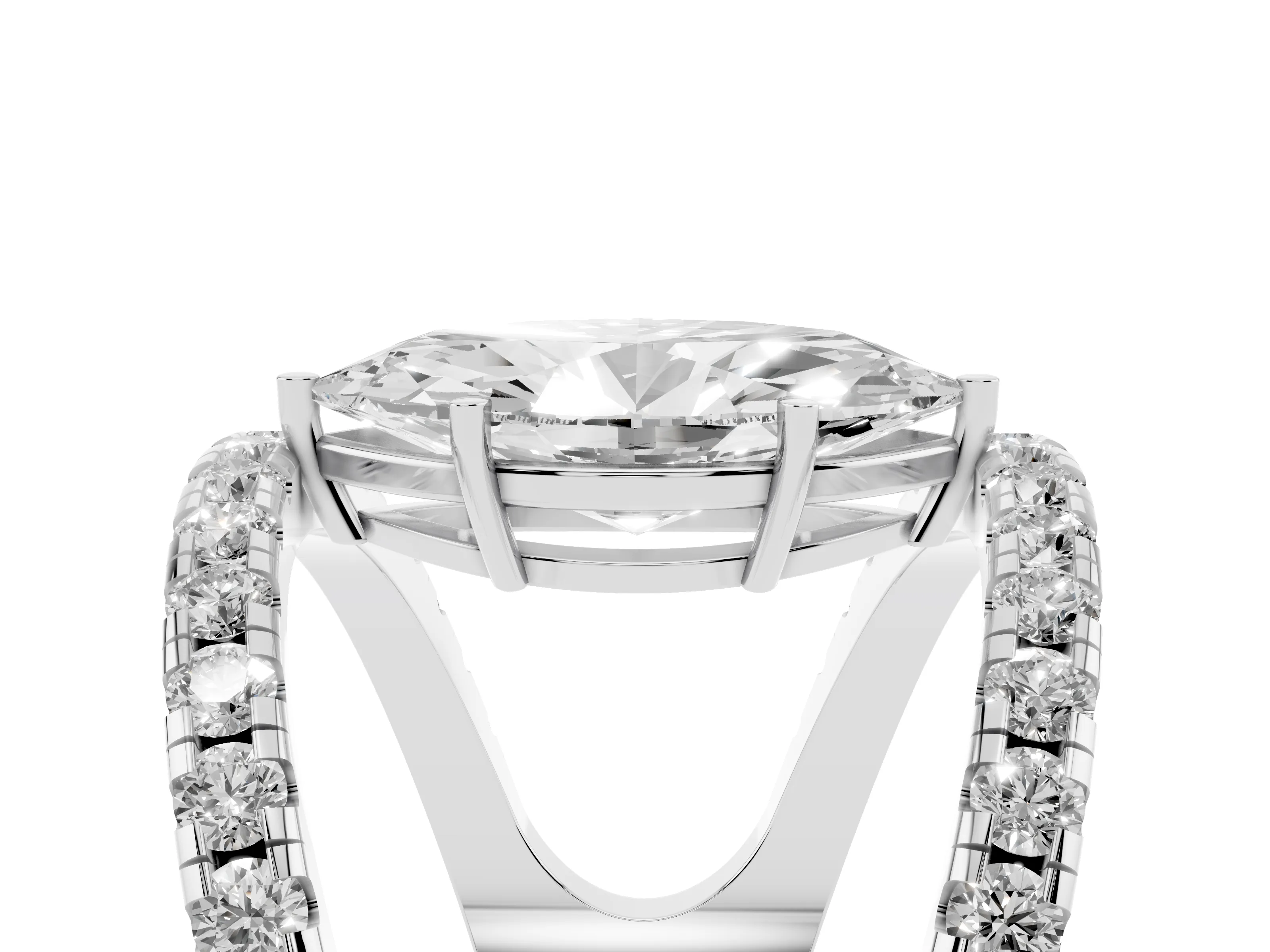 Marquise Cut Diamond Split Shank Pavé Solitaire Ring Set in Silver with Open Shank Design