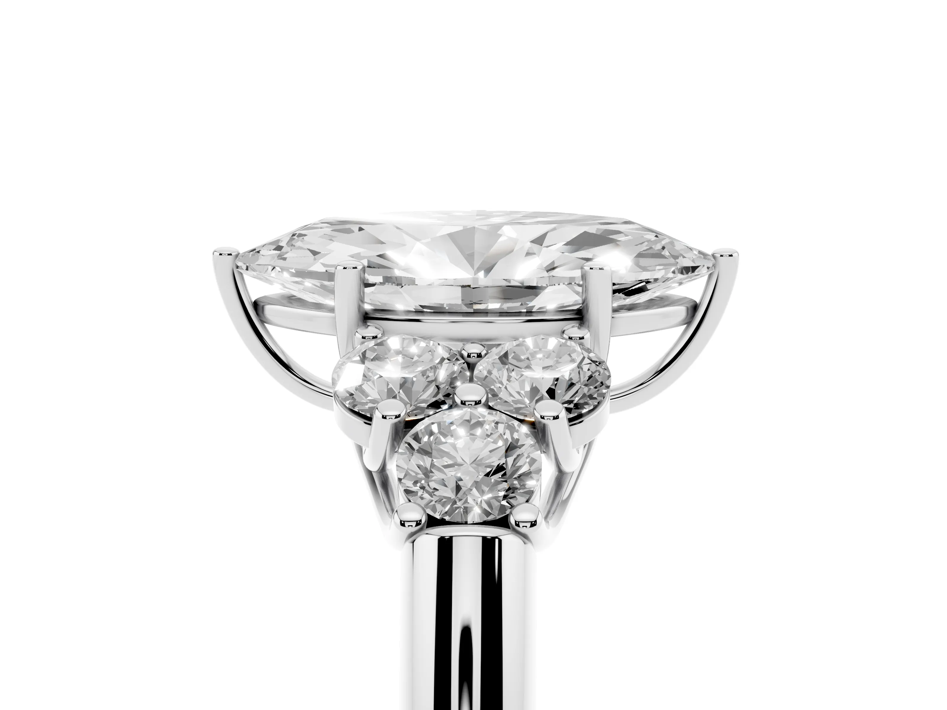 Marquise Cut Diamond Cluster Ring Set in Platinum with Round Accent Stones and Prong Setting on a Plain Band
