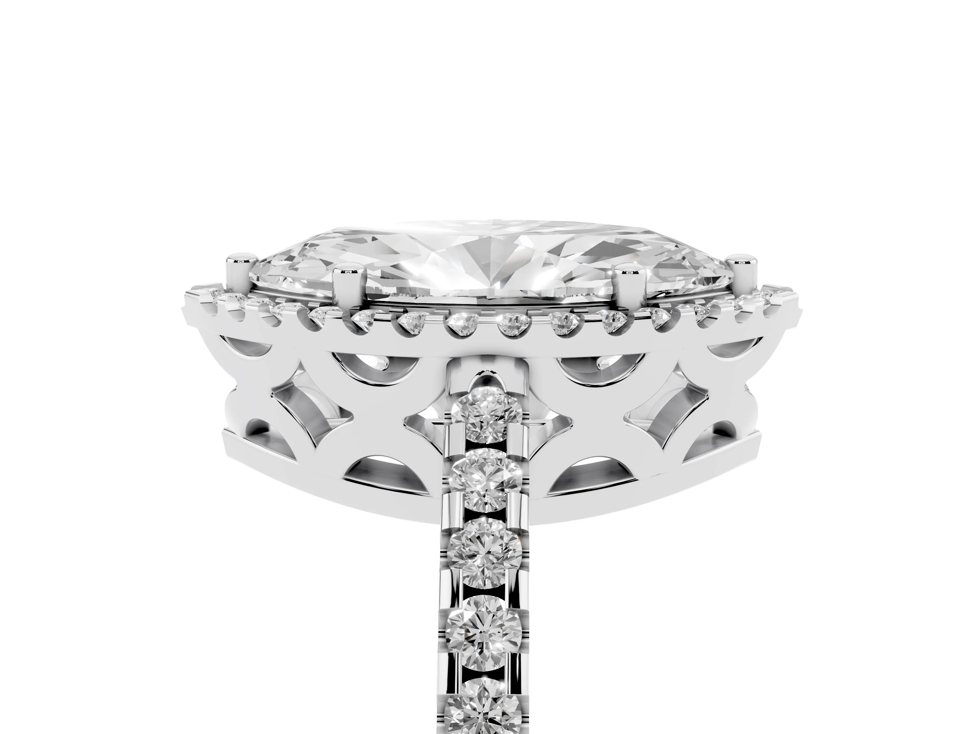 Marquise Cut Diamond Halo Ring Set in Silver with Pavé Shoulders and Halo-Framed Center