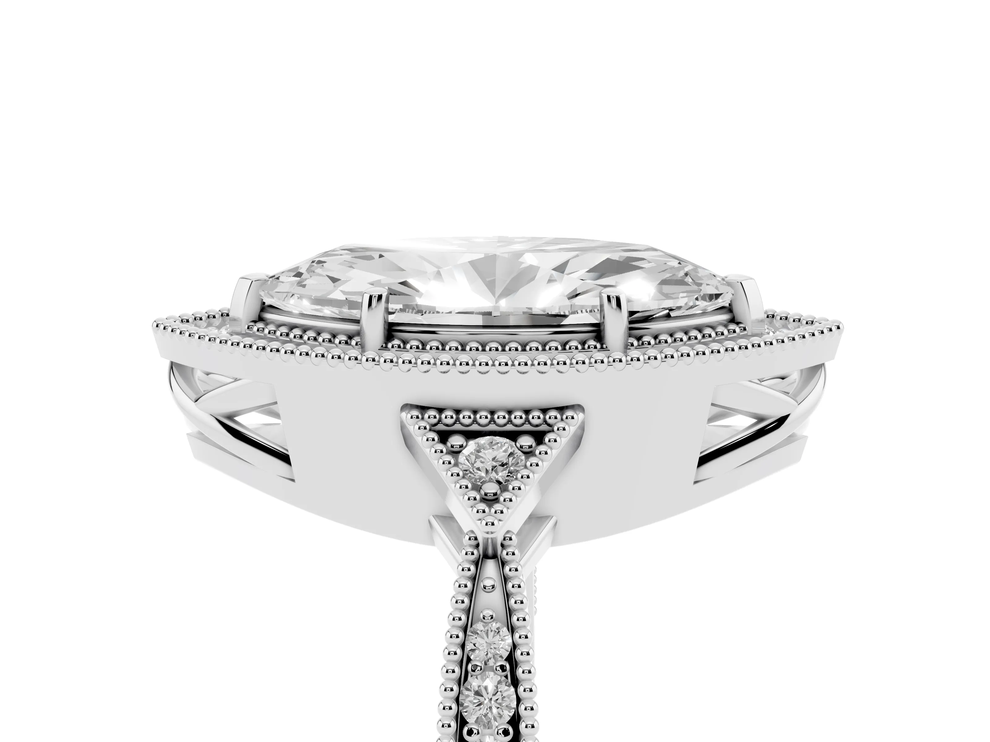 Marquise Cut Diamond Halo Engagement Ring Set in Silver with Milgrain Pavé Band