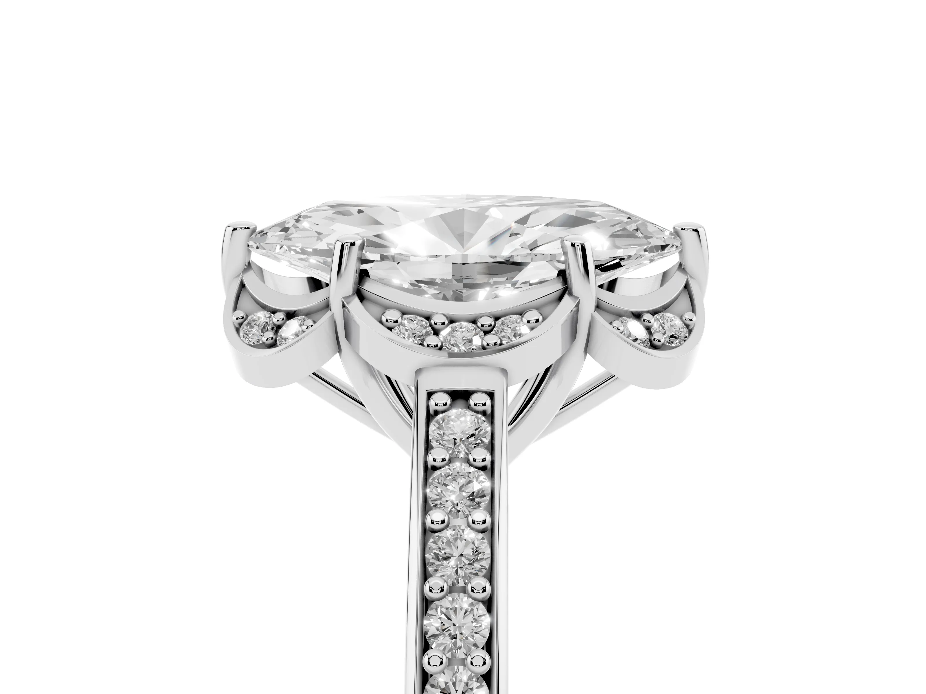 Marquise Cut Diamond Halo Ring Set in White gold with Channel Set Band and Prong Setting