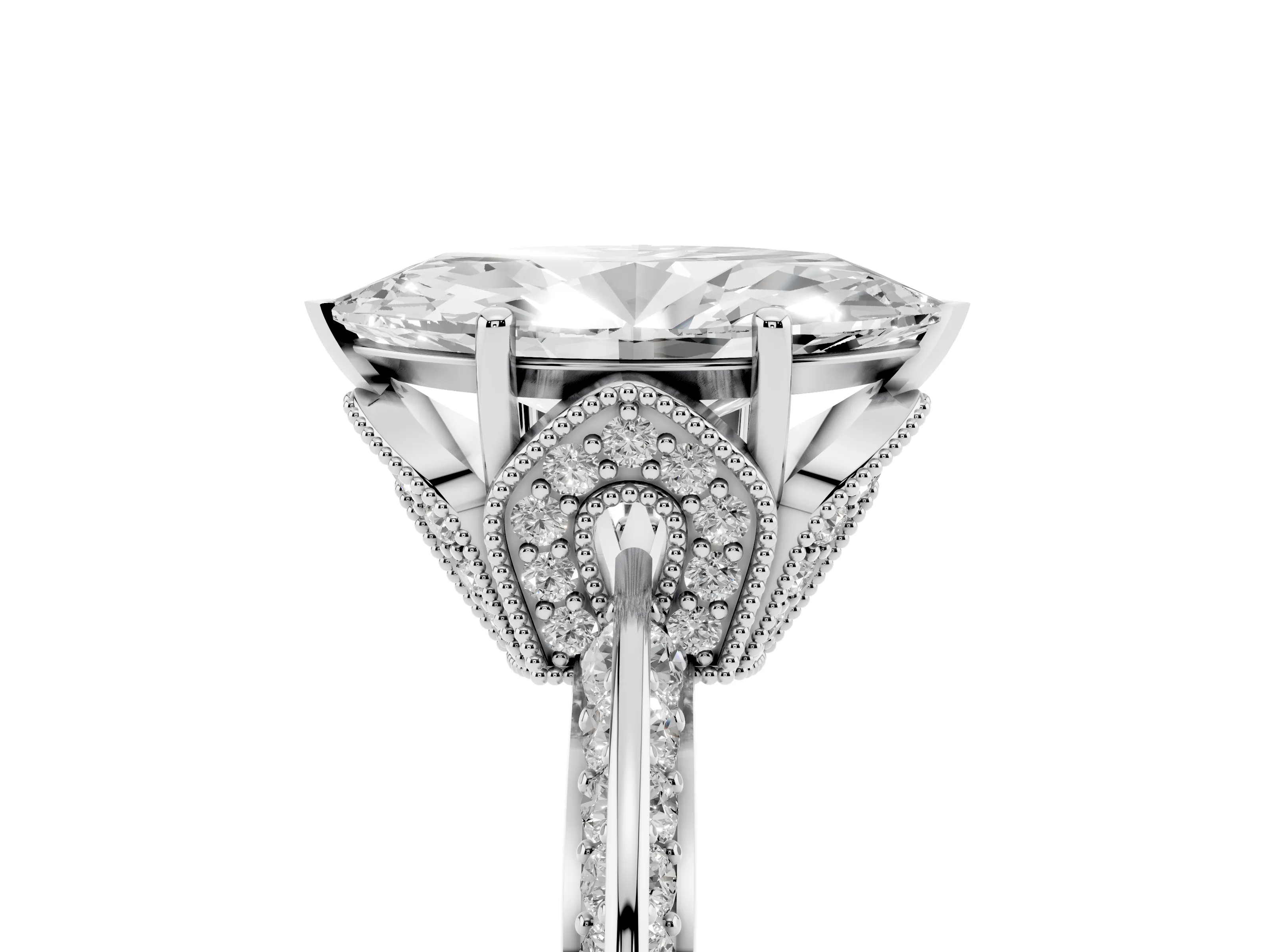 Marquise Cut Diamond Solitaire Engagement Ring Set in Silver with Pavé Split Shank and Prong Setting